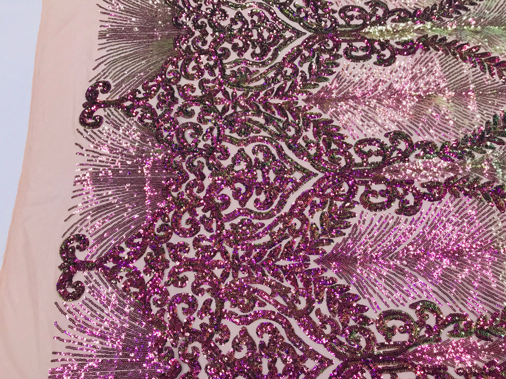 Damask Leaf - Iridescent Magenta - 4 Way Stretch High Quality Fancy Pattern Shiny Sequins