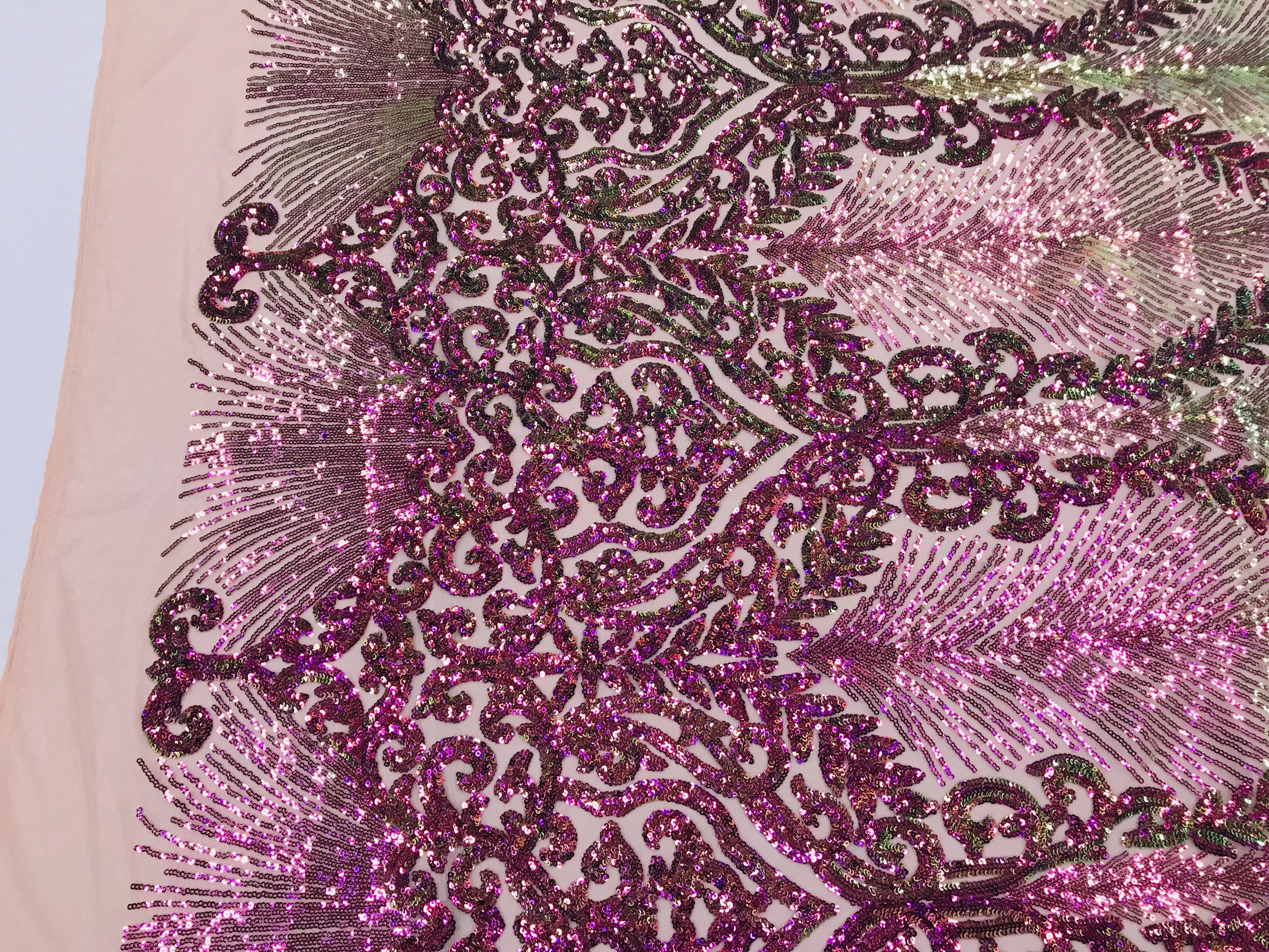 Damask Leaf - Iridescent Magenta - 4 Way Stretch High Quality Fancy Pattern Shiny Sequins