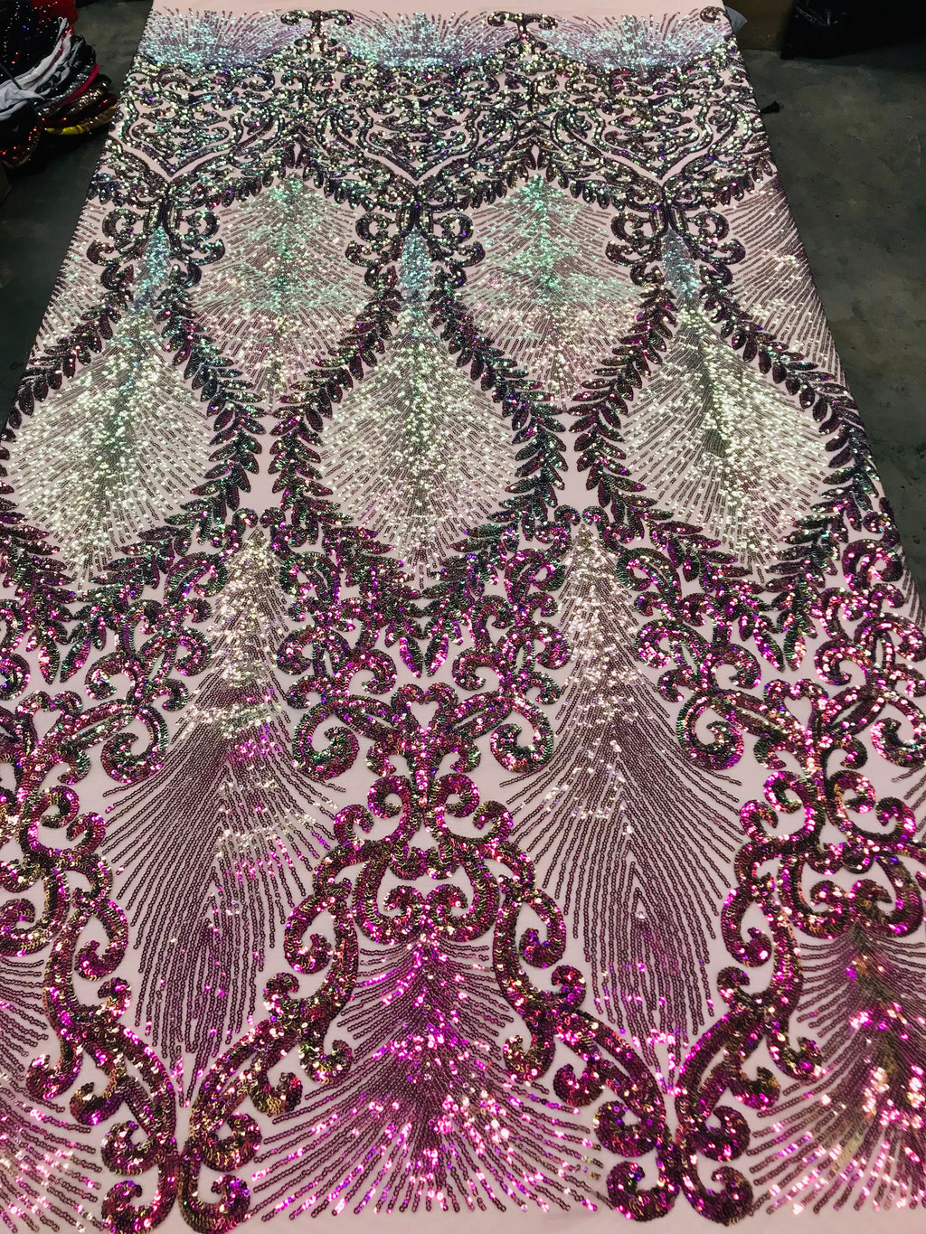 Damask Leaf - Iridescent Magenta - 4 Way Stretch High Quality Fancy Pattern Shiny Sequins
