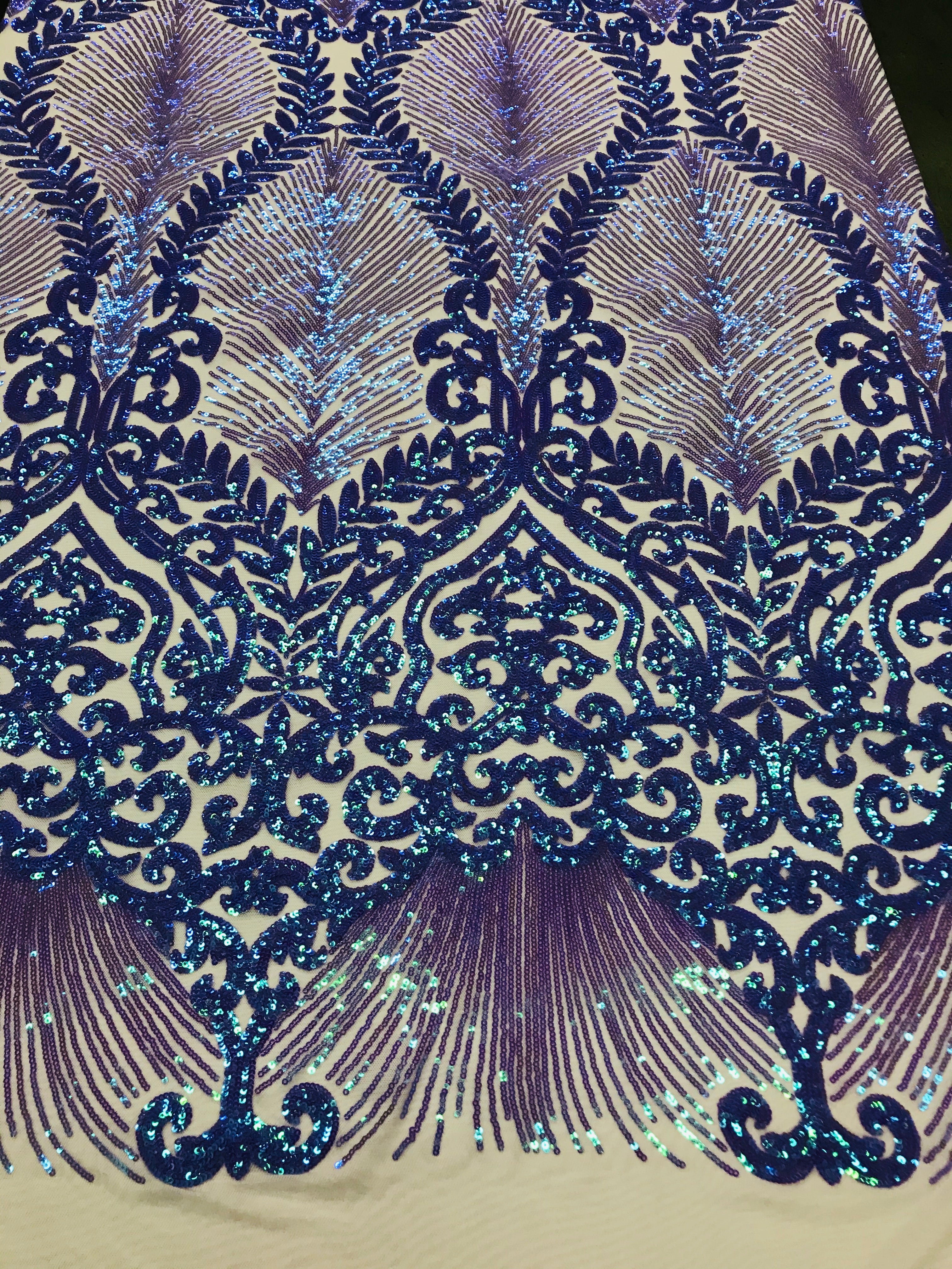 Damask Leaf - Iridescent Lilac - 4 Way Stretch High Quality Fancy Pattern Shiny Sequins