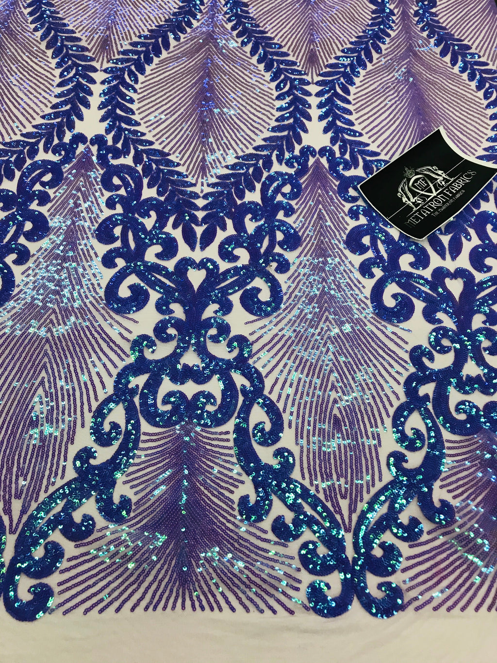 Damask Leaf - Iridescent Lilac - 4 Way Stretch High Quality Fancy Pattern Shiny Sequins