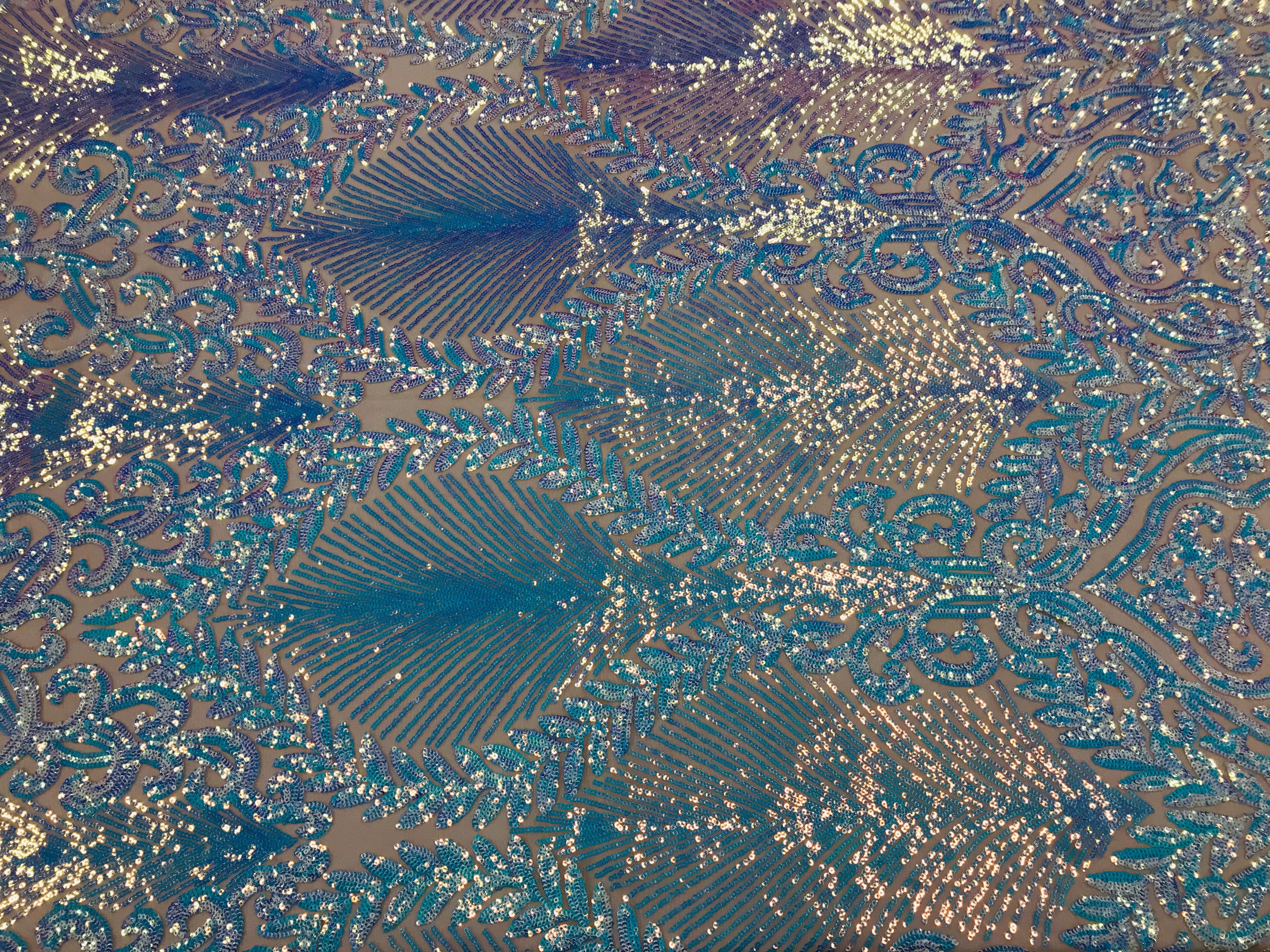Damask Leaf - Iridescent Light Blue - 4 Way Stretch High Quality Fancy Pattern Shiny Sequins
