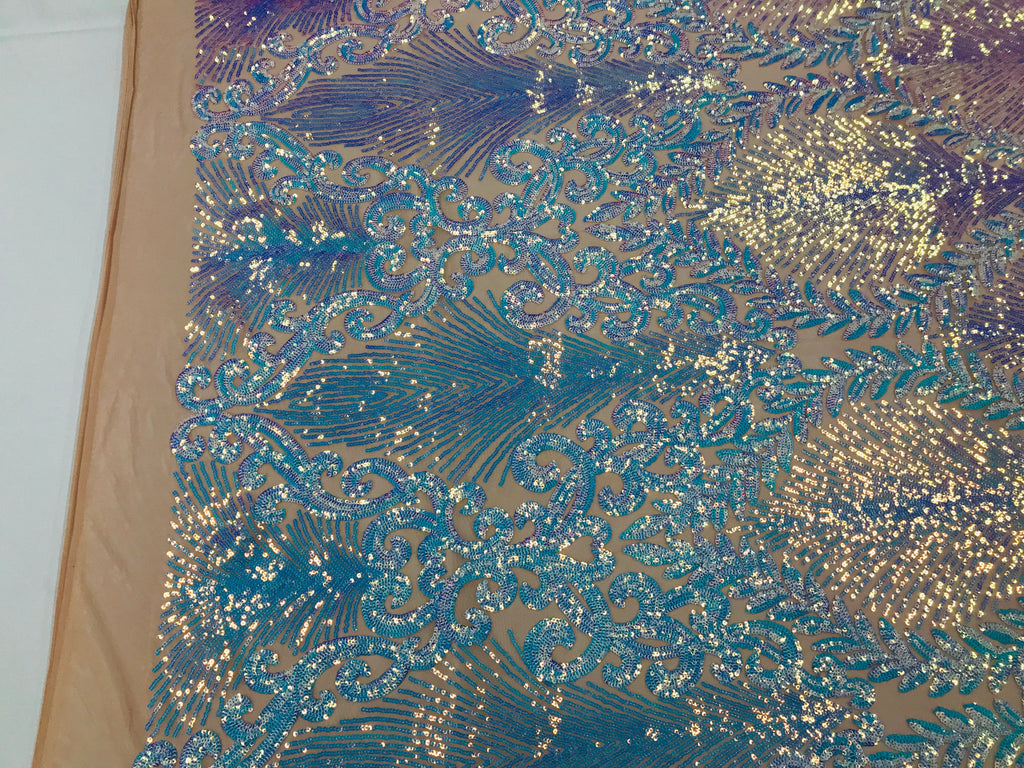 Damask Leaf - Iridescent Light Blue - 4 Way Stretch High Quality Fancy Pattern Shiny Sequins