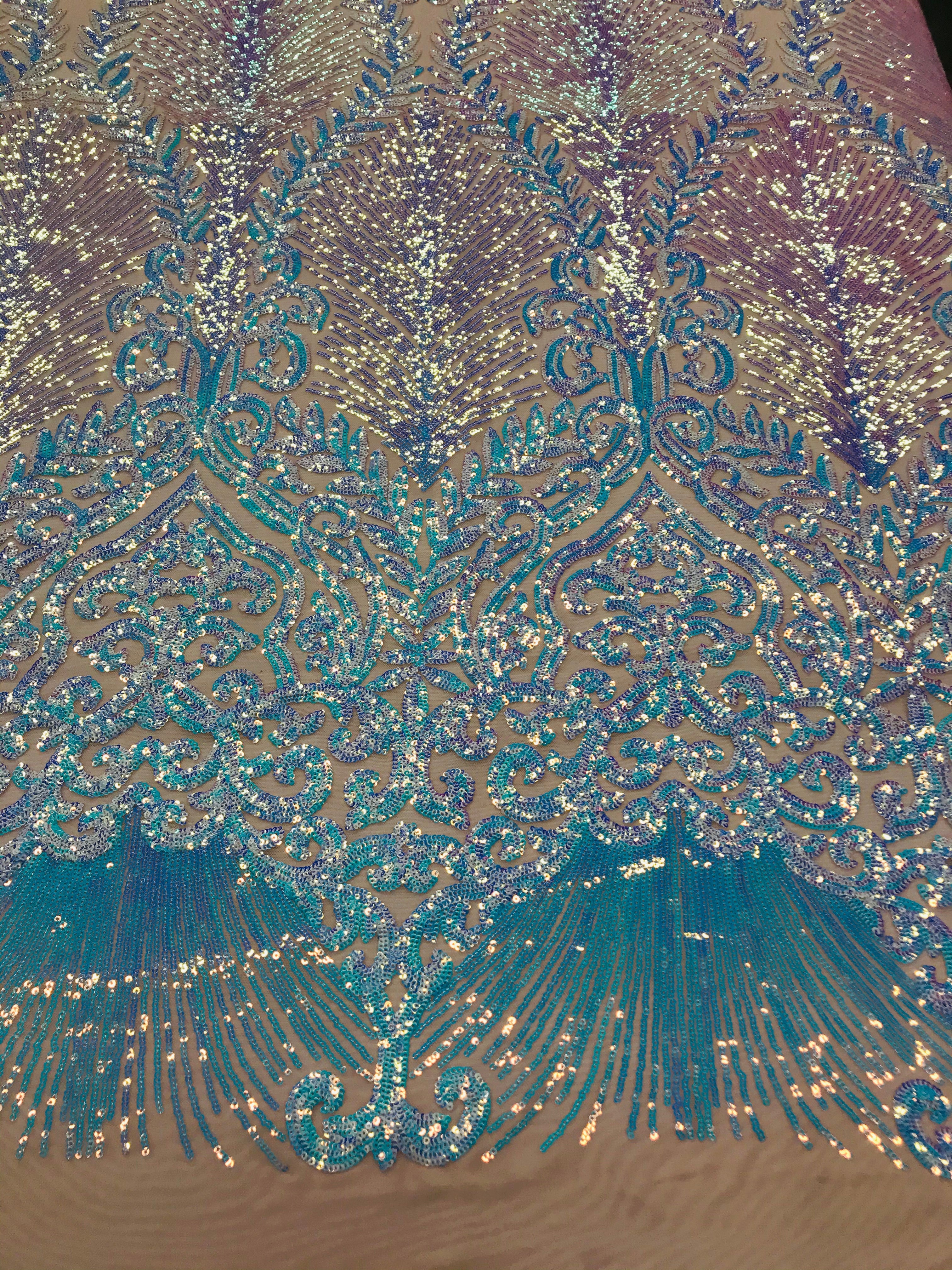 Damask Leaf - Iridescent Light Blue - 4 Way Stretch High Quality Fancy Pattern Shiny Sequins