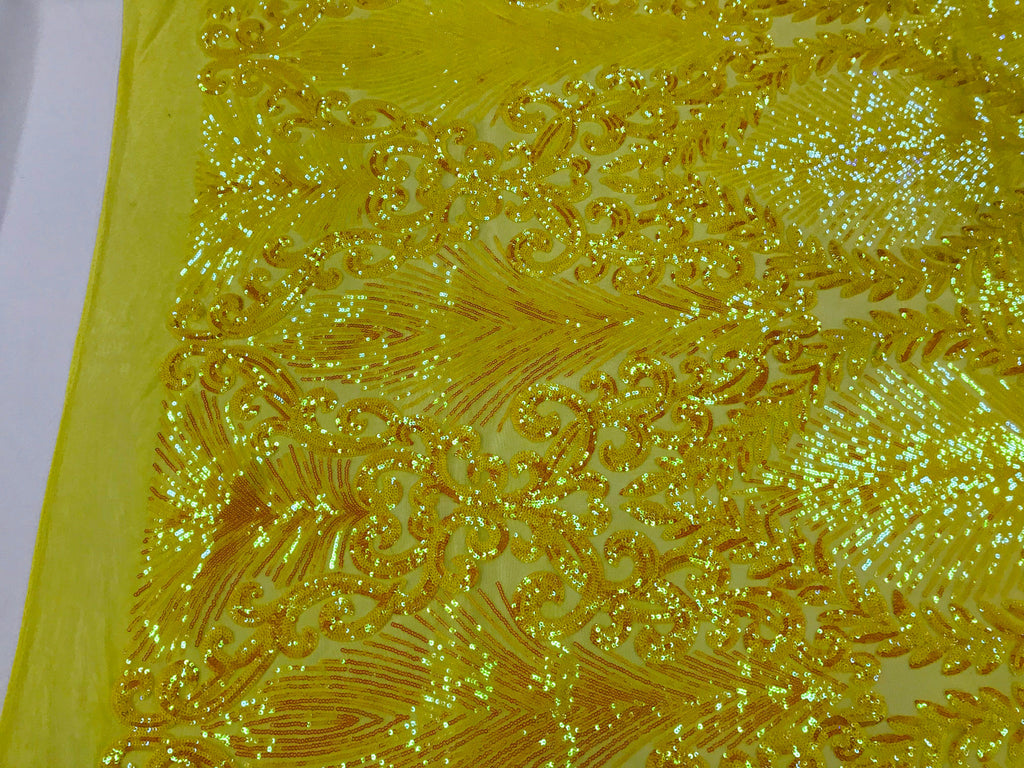 Damask Leaf - Shiny Yellow - 4 Way Stretch High Quality Fancy Pattern Shiny Sequins