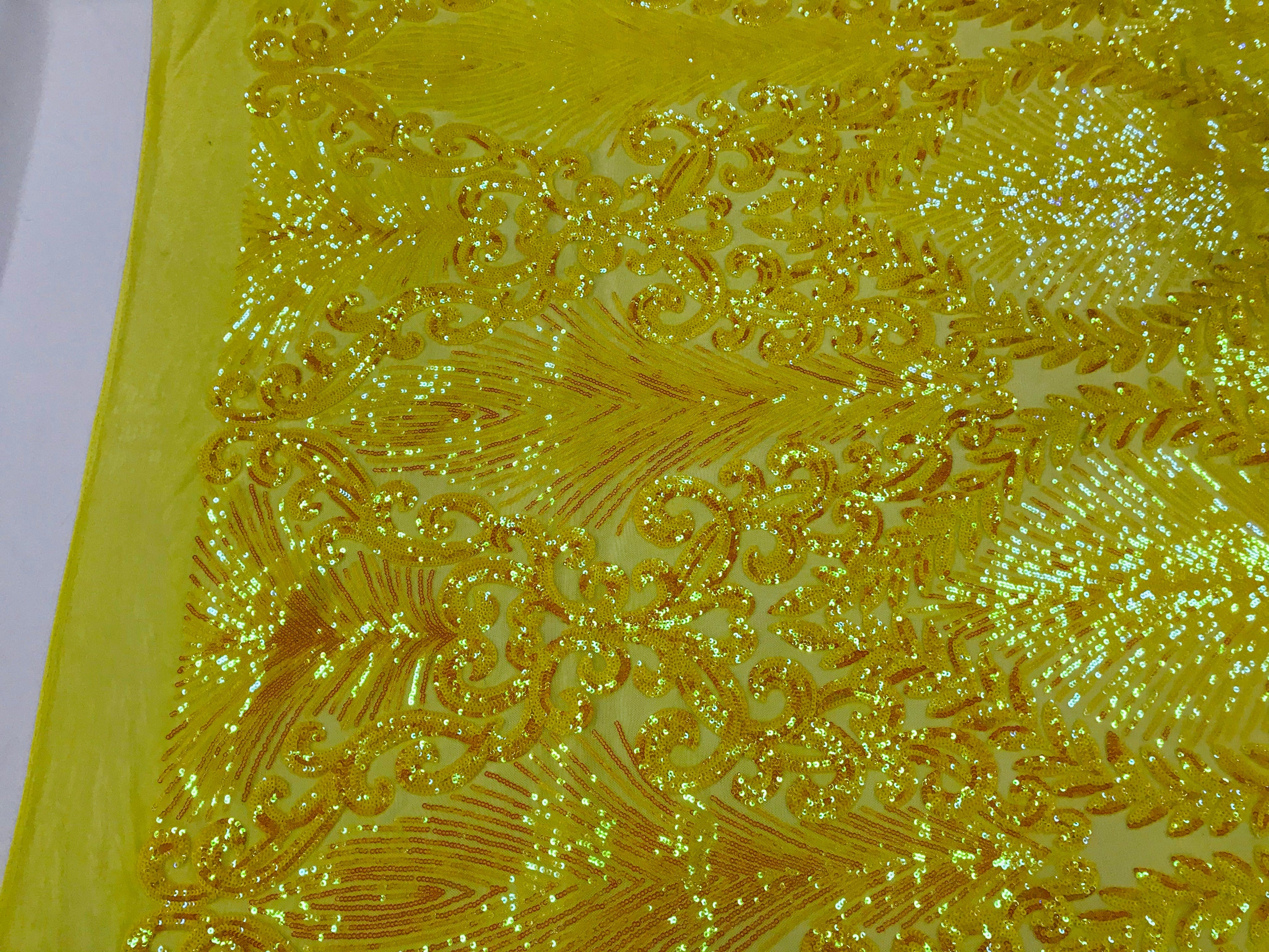 Damask Leaf - Shiny Yellow - 4 Way Stretch High Quality Fancy Pattern Shiny Sequins