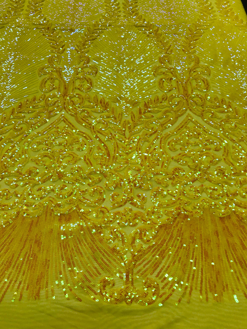 Damask Leaf - Shiny Yellow - 4 Way Stretch High Quality Fancy Pattern Shiny Sequins