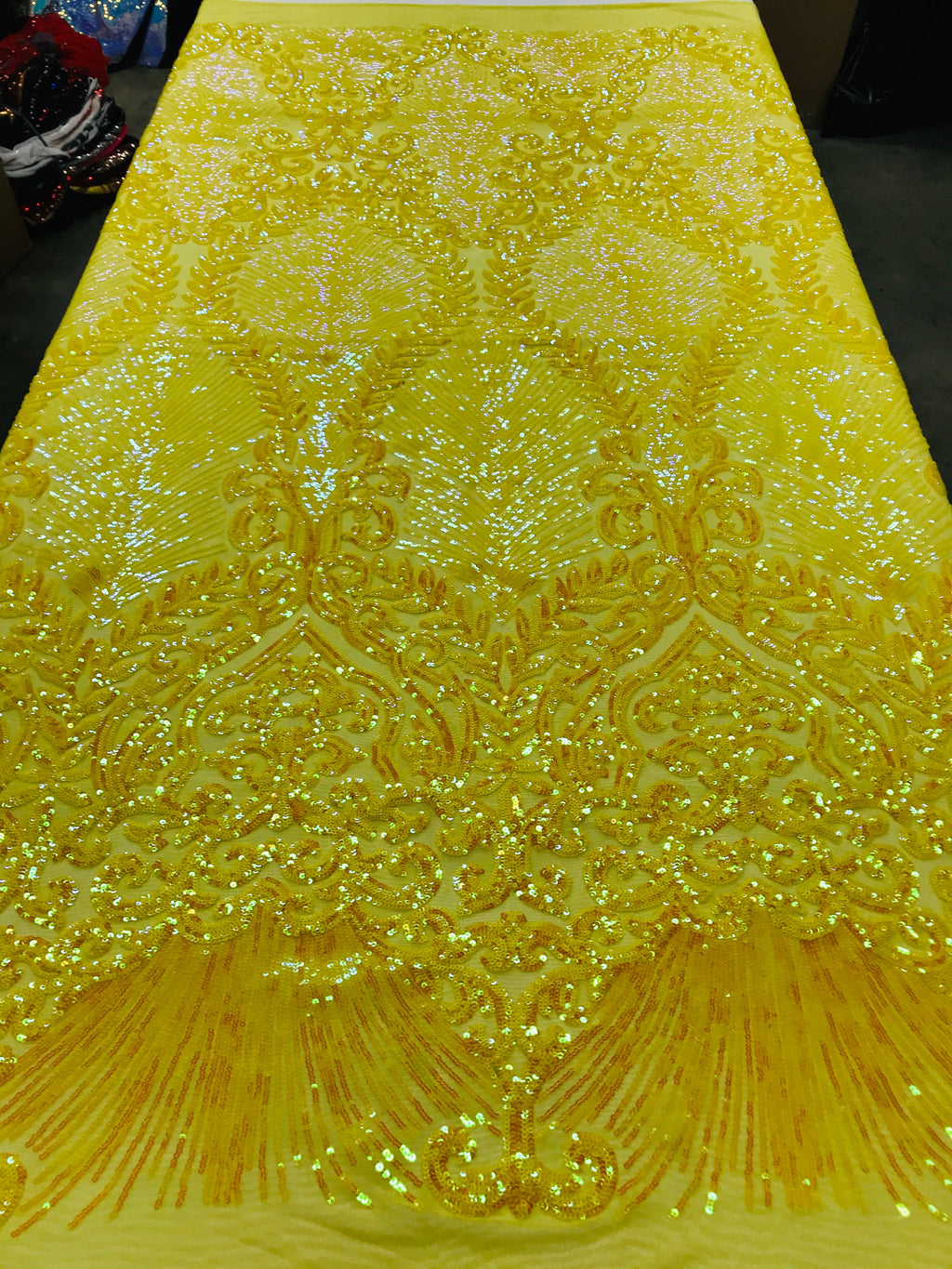 Damask Leaf - Shiny Yellow - 4 Way Stretch High Quality Fancy Pattern Shiny Sequins
