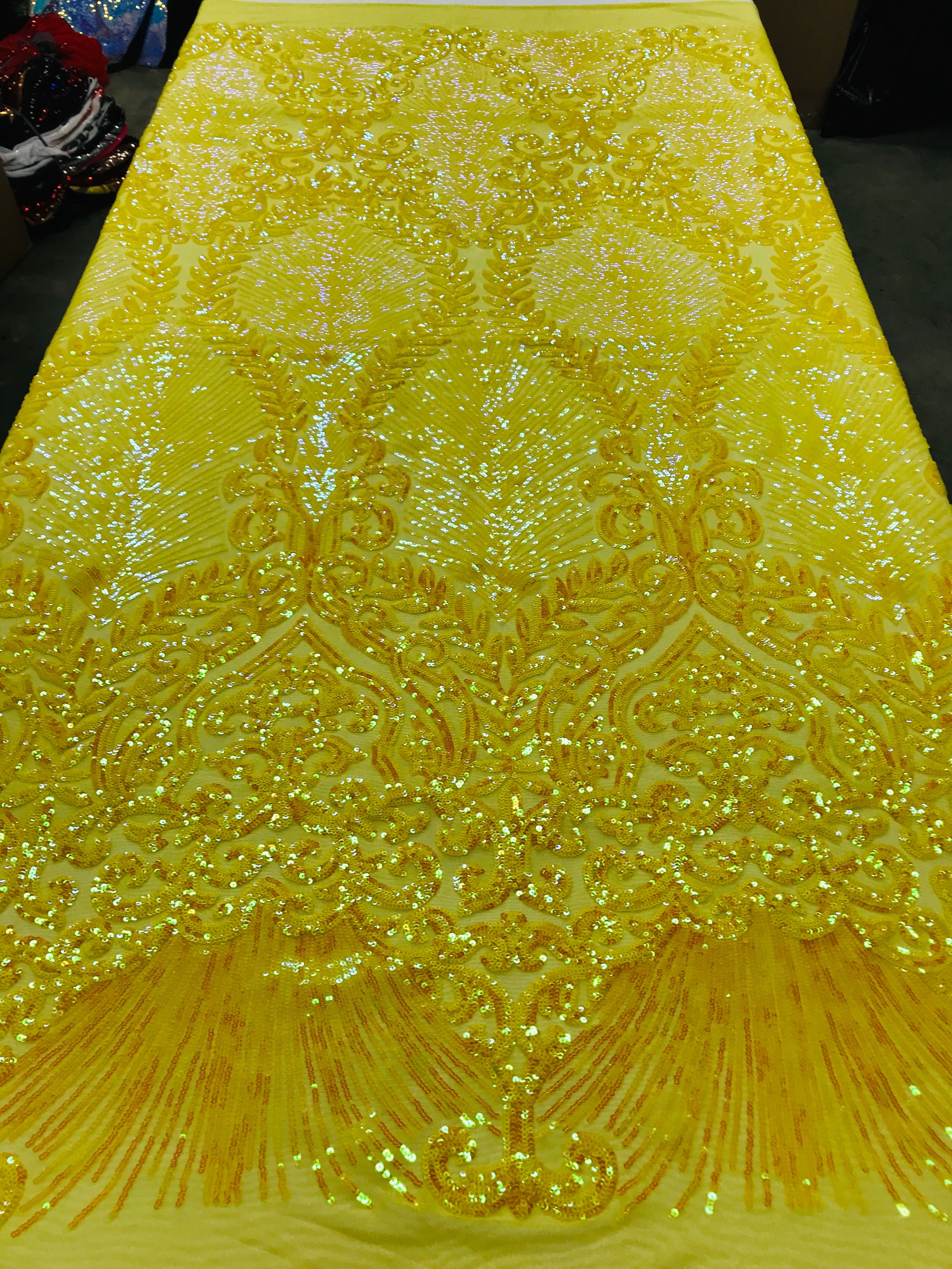 Damask Leaf - Shiny Yellow - 4 Way Stretch High Quality Fancy Pattern Shiny Sequins