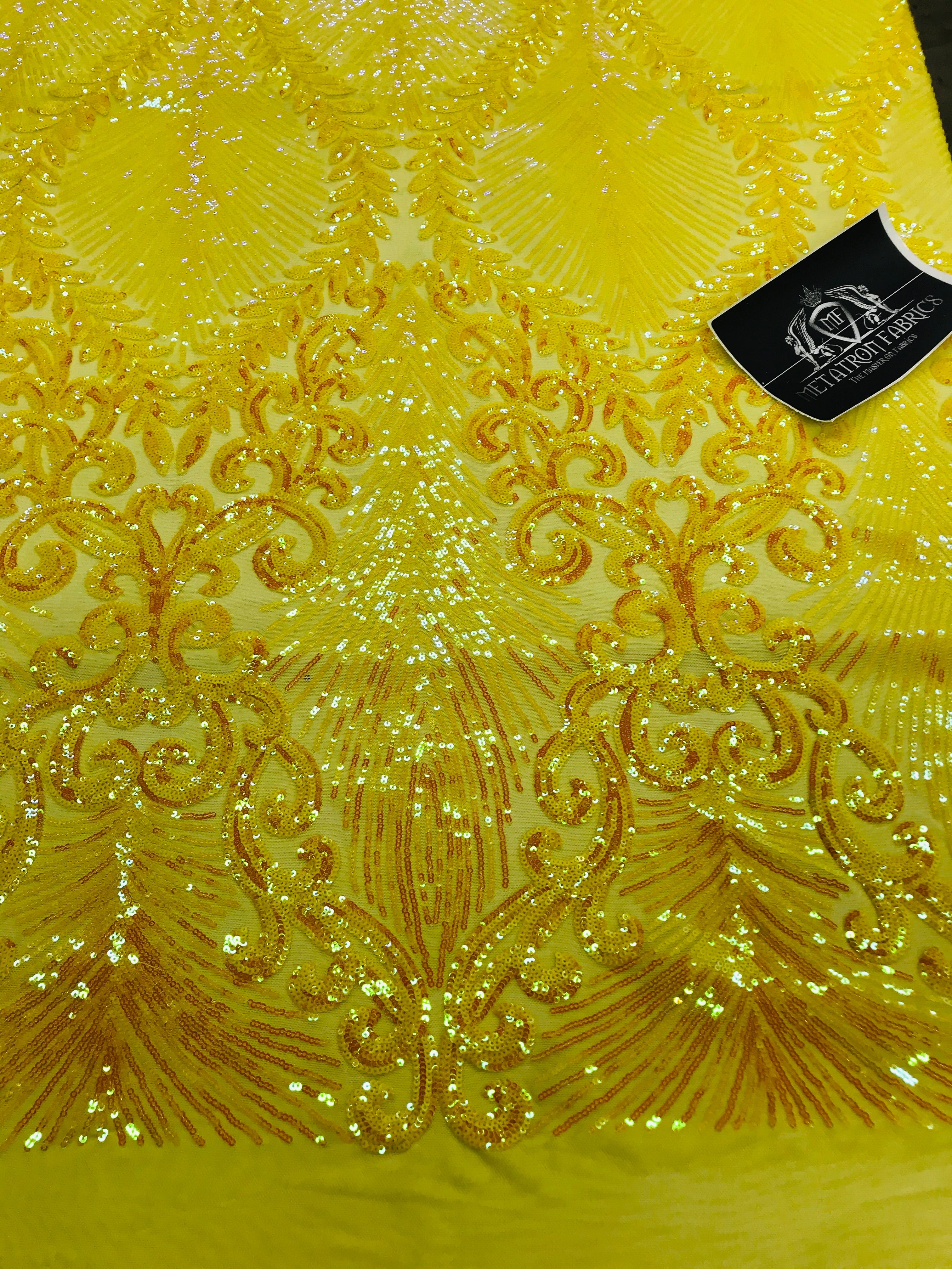 Damask Leaf - Shiny Yellow - 4 Way Stretch High Quality Fancy Pattern Shiny Sequins