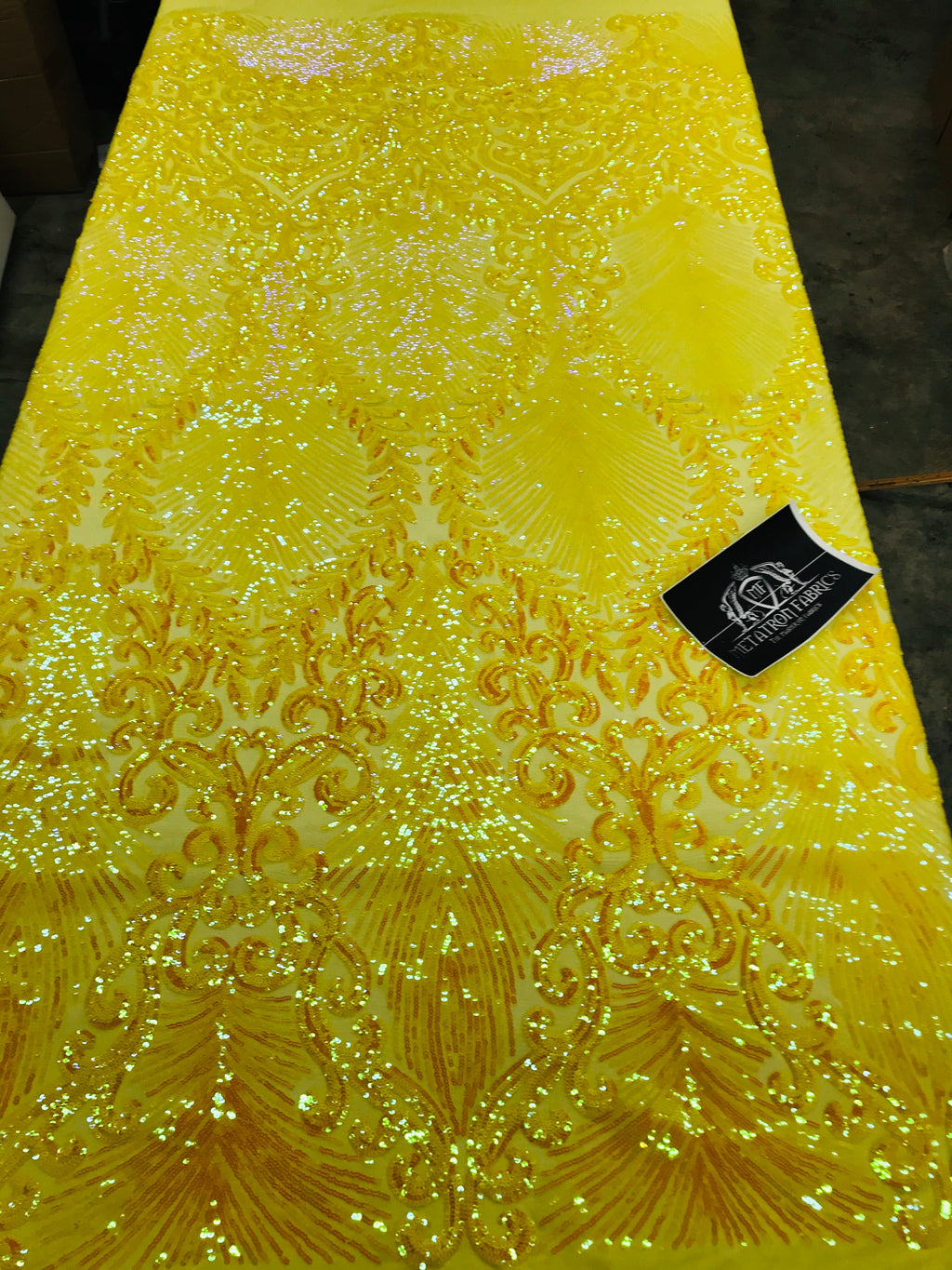 Damask Leaf - Shiny Yellow - 4 Way Stretch High Quality Fancy Pattern Shiny Sequins