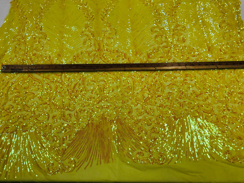 Damask Leaf - Shiny Yellow - 4 Way Stretch High Quality Fancy Pattern Shiny Sequins