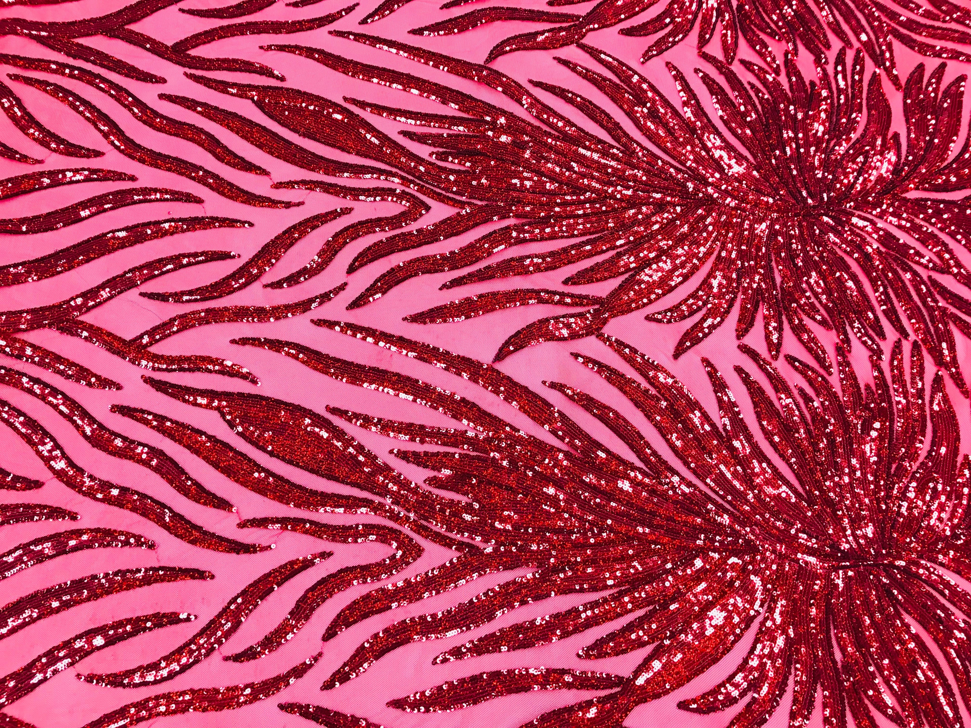 Feather Design Sequins - Red  - 4 Way Stretch Fancy Feather Pattern Design Fabric By Yard
