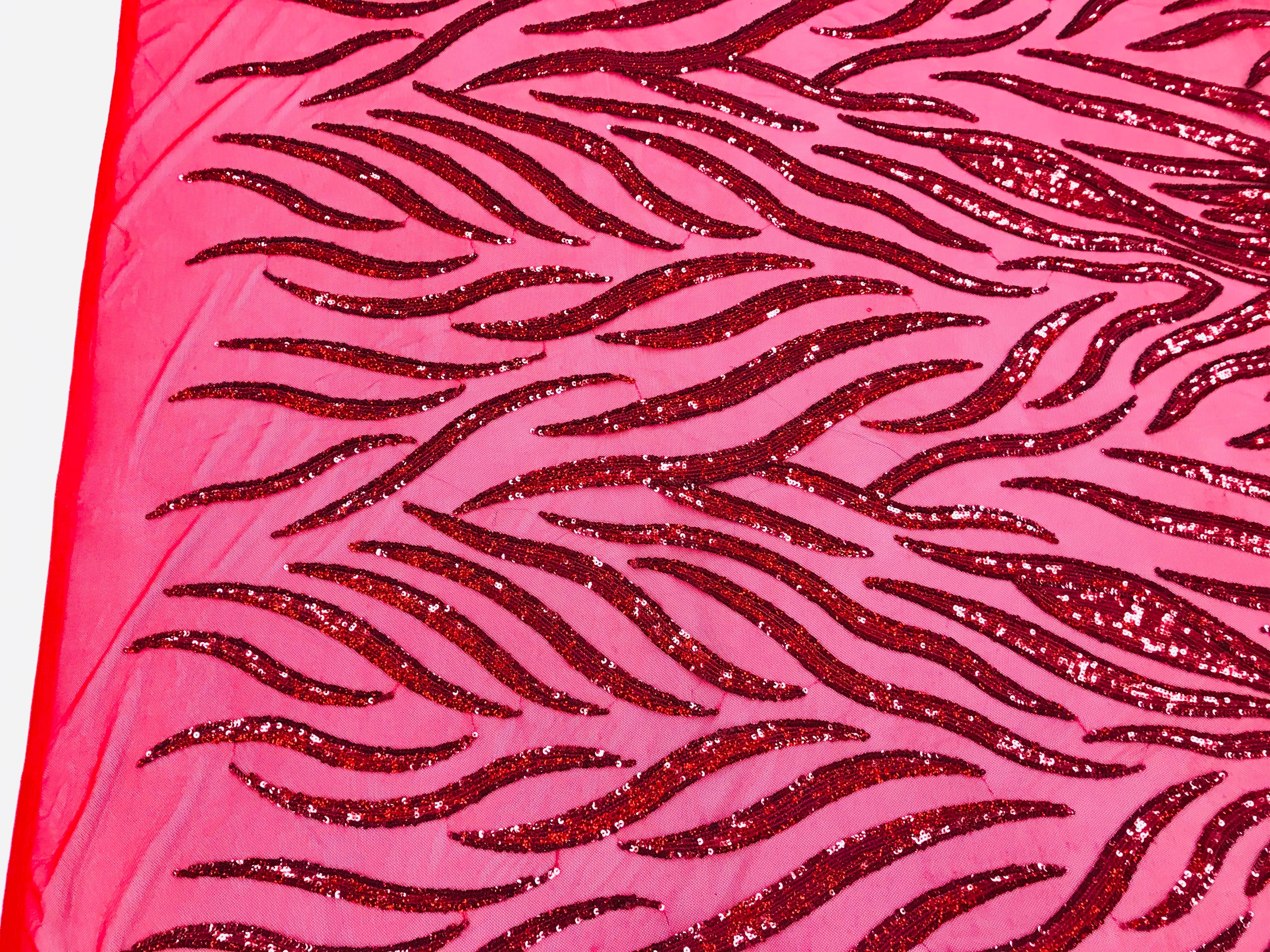 Feather Design Sequins - Red  - 4 Way Stretch Fancy Feather Pattern Design Fabric By Yard