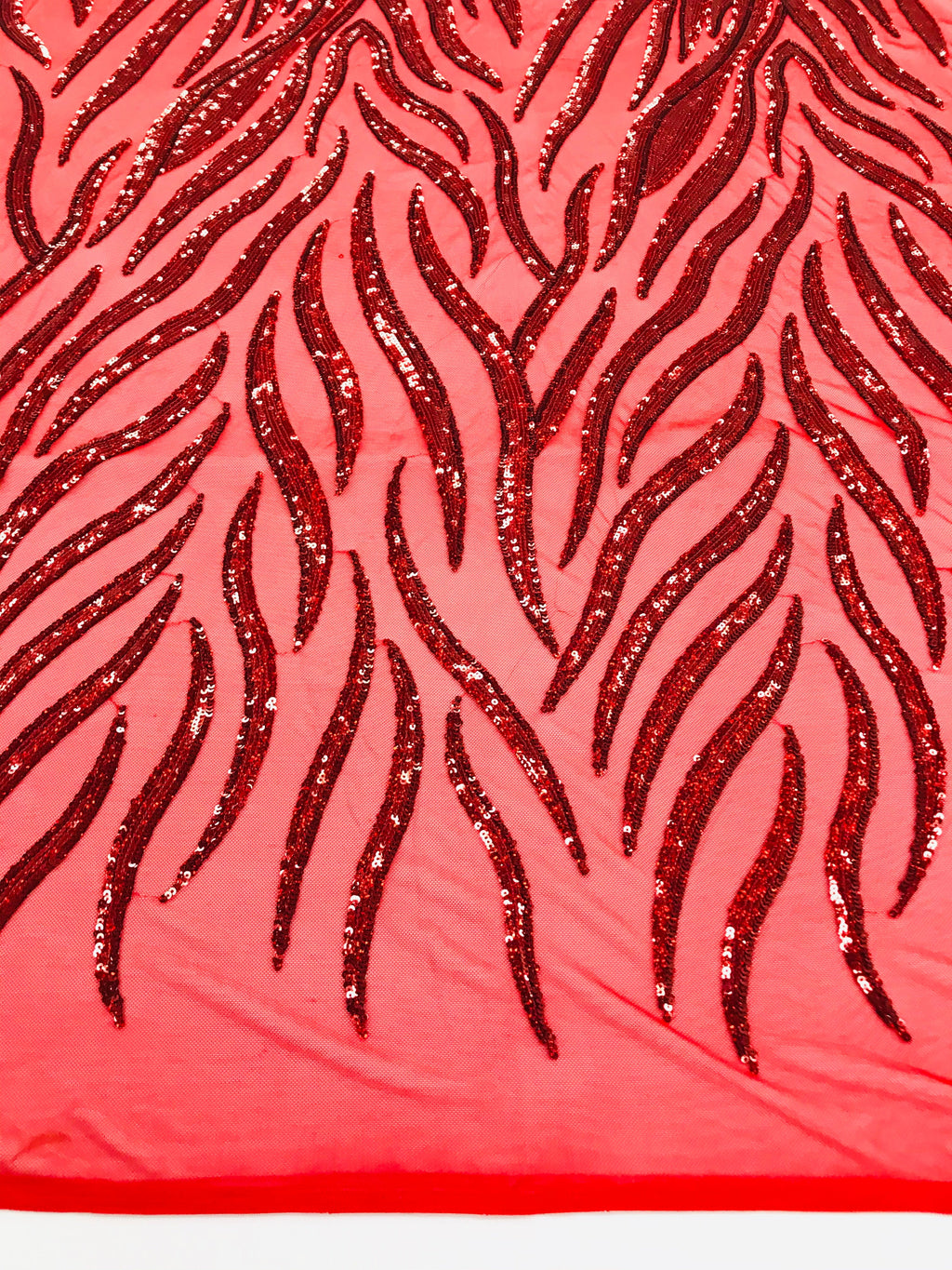 Feather Design Sequins - Red  - 4 Way Stretch Fancy Feather Pattern Design Fabric By Yard