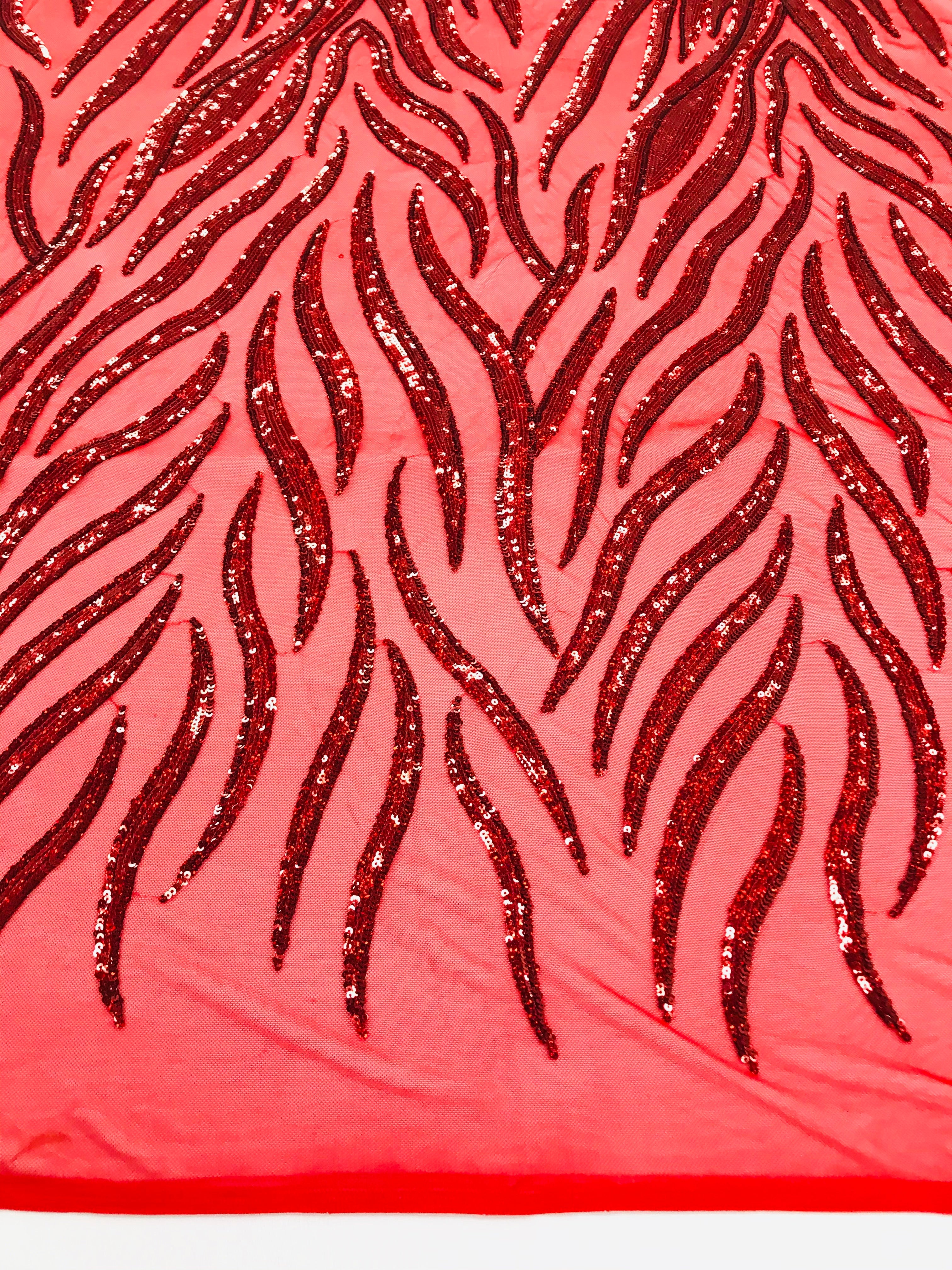 Feather Design Sequins - Red  - 4 Way Stretch Fancy Feather Pattern Design Fabric By Yard