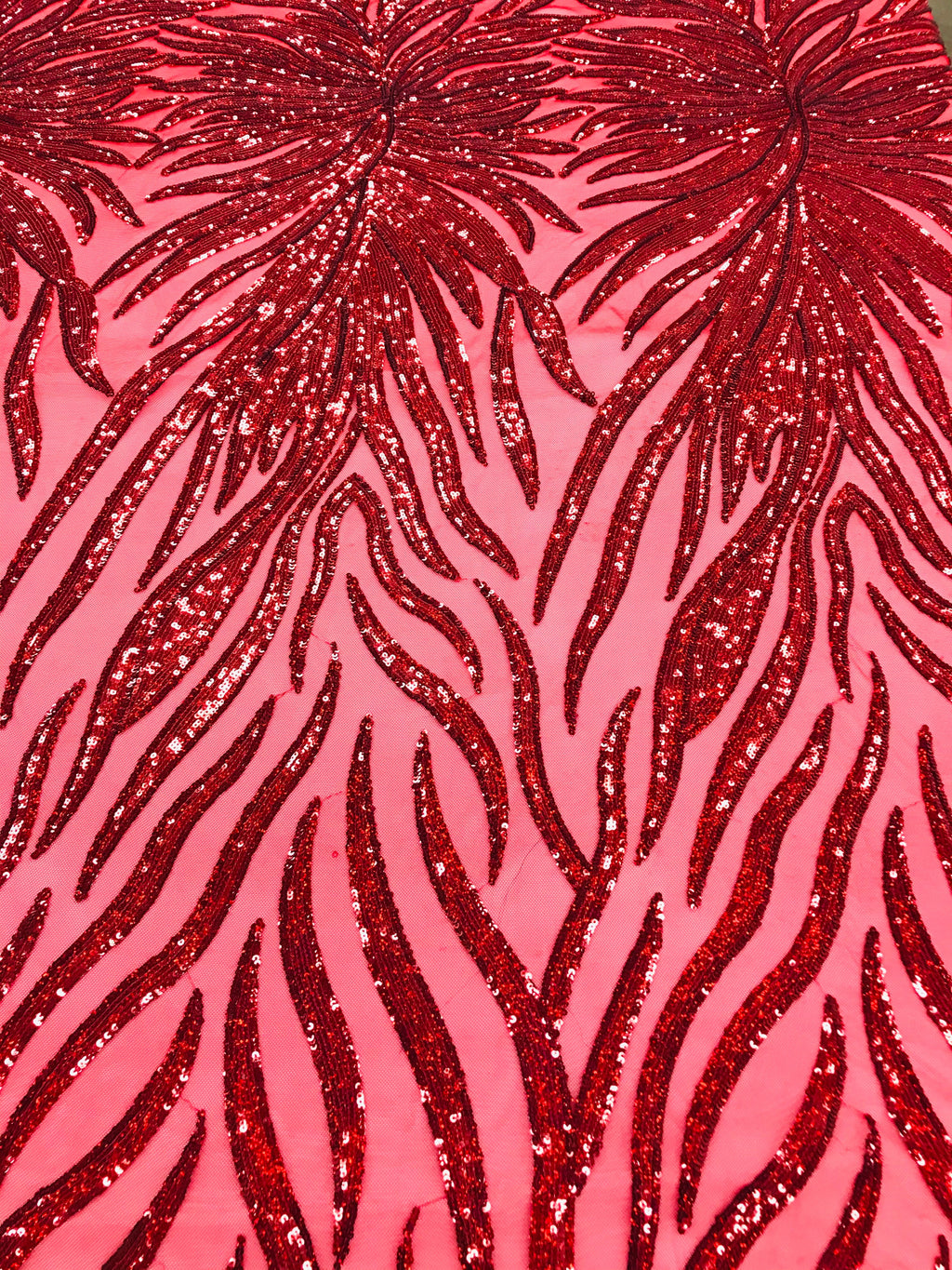 Feather Design Sequins - Red  - 4 Way Stretch Fancy Feather Pattern Design Fabric By Yard
