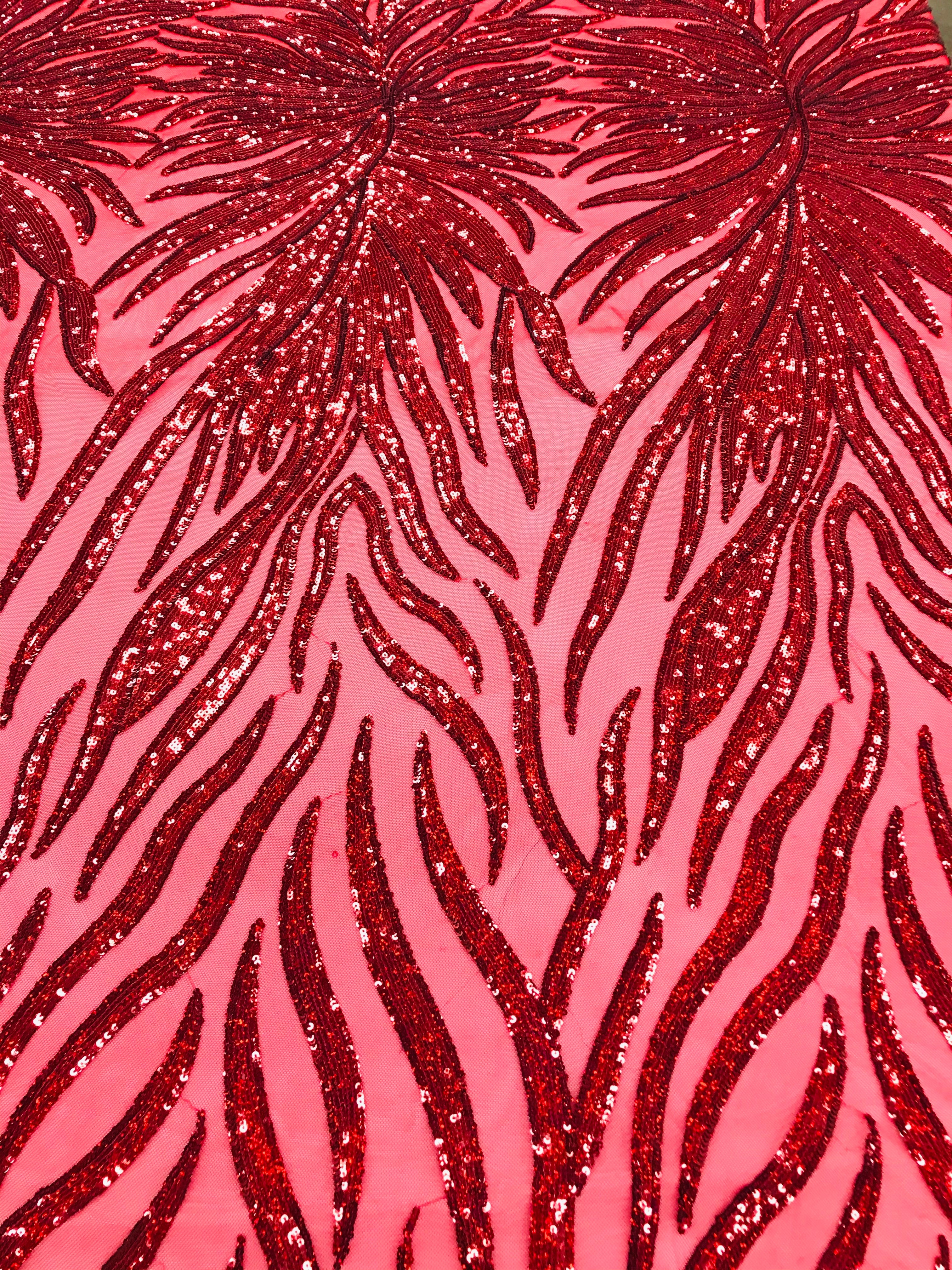 Feather Design Sequins - Red  - 4 Way Stretch Fancy Feather Pattern Design Fabric By Yard
