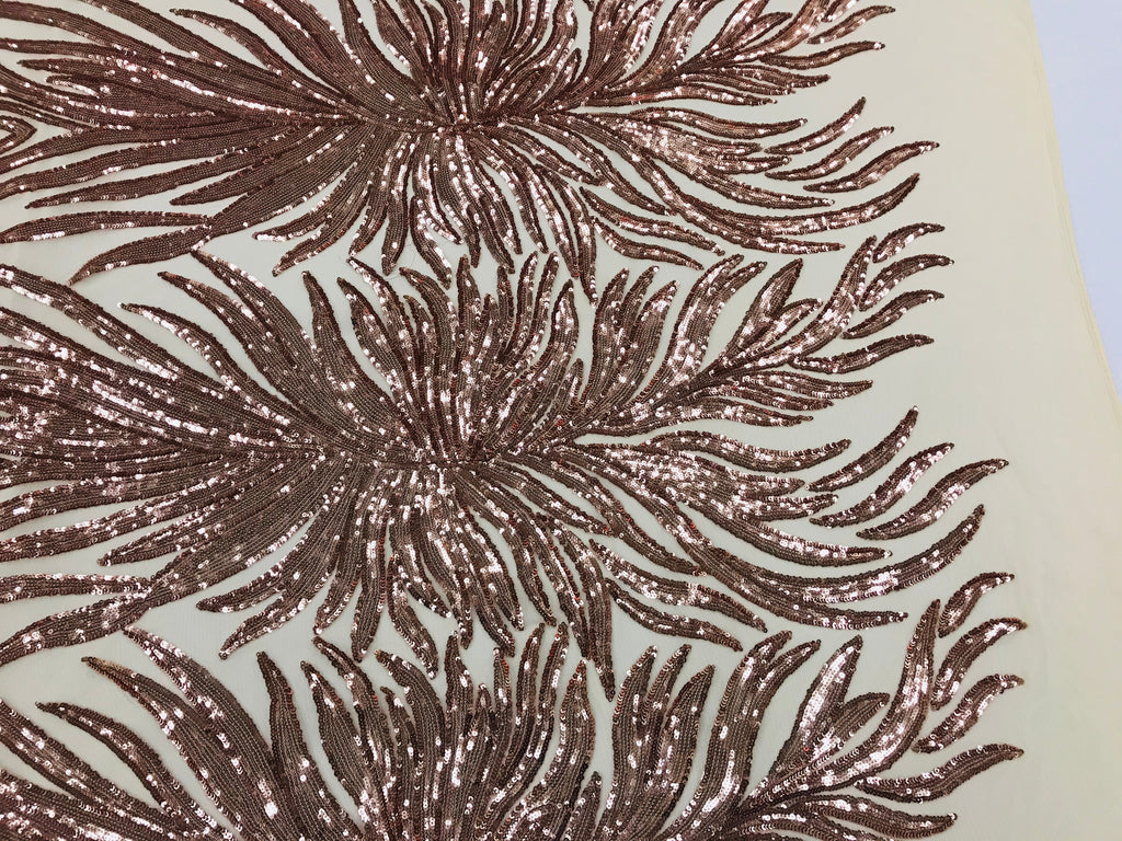 Feather Design Sequins - Rose Gold - 4 Way Stretch Fancy Feather Pattern Design Fabric By Yard