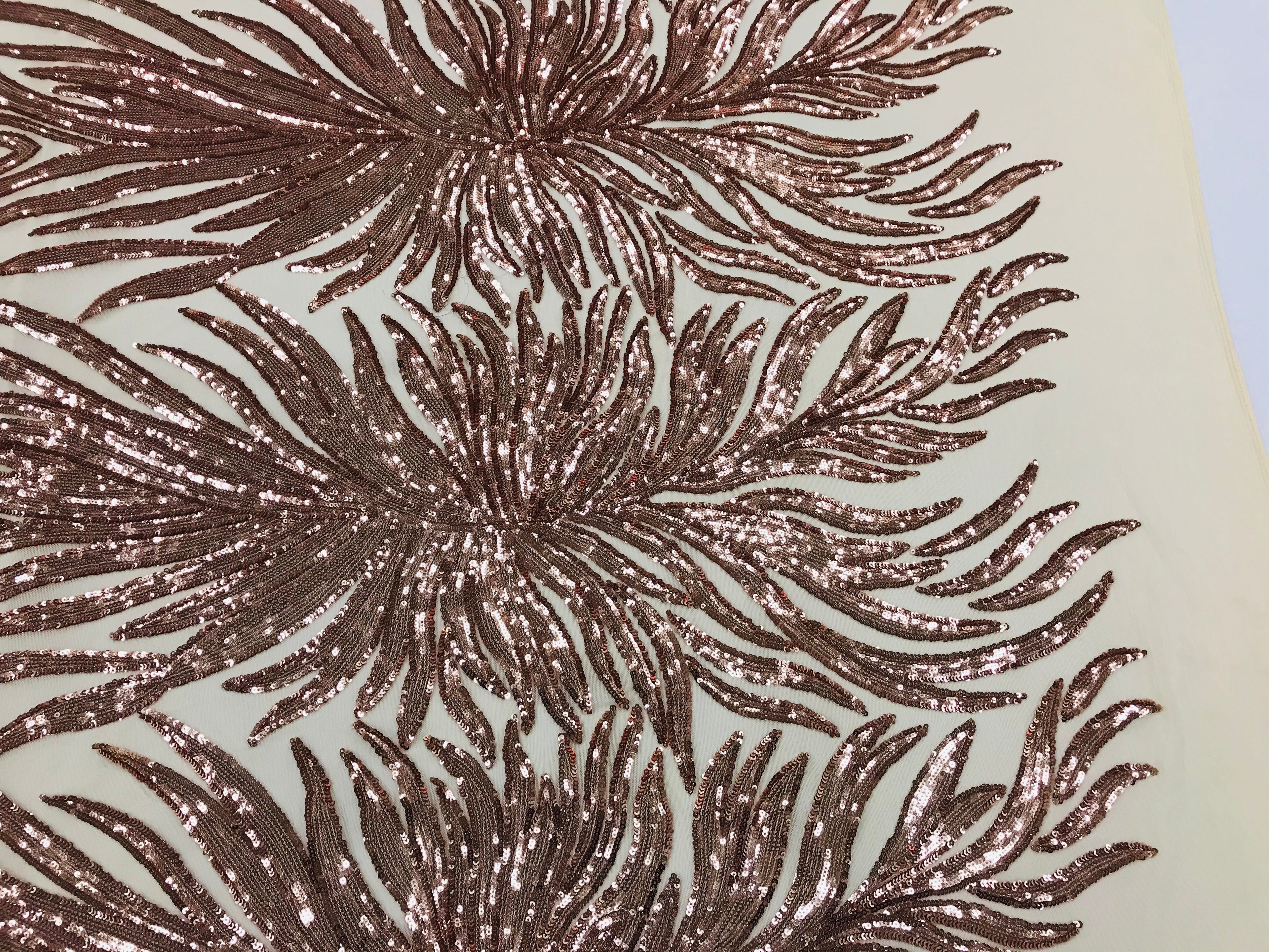 Feather Design Sequins - Rose Gold - 4 Way Stretch Fancy Feather Pattern Design Fabric By Yard