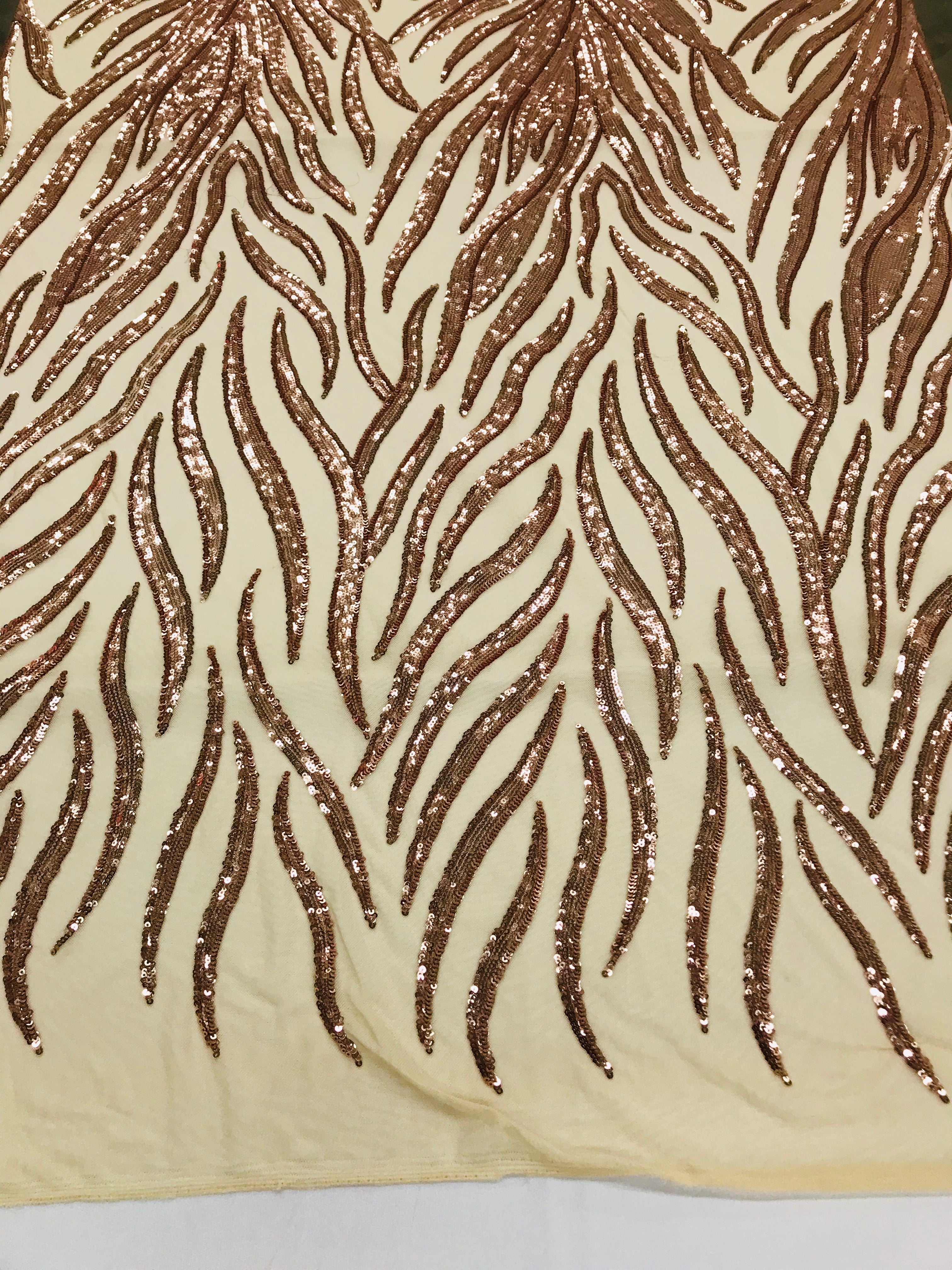 Feather Design Sequins - Rose Gold - 4 Way Stretch Fancy Feather Pattern Design Fabric By Yard
