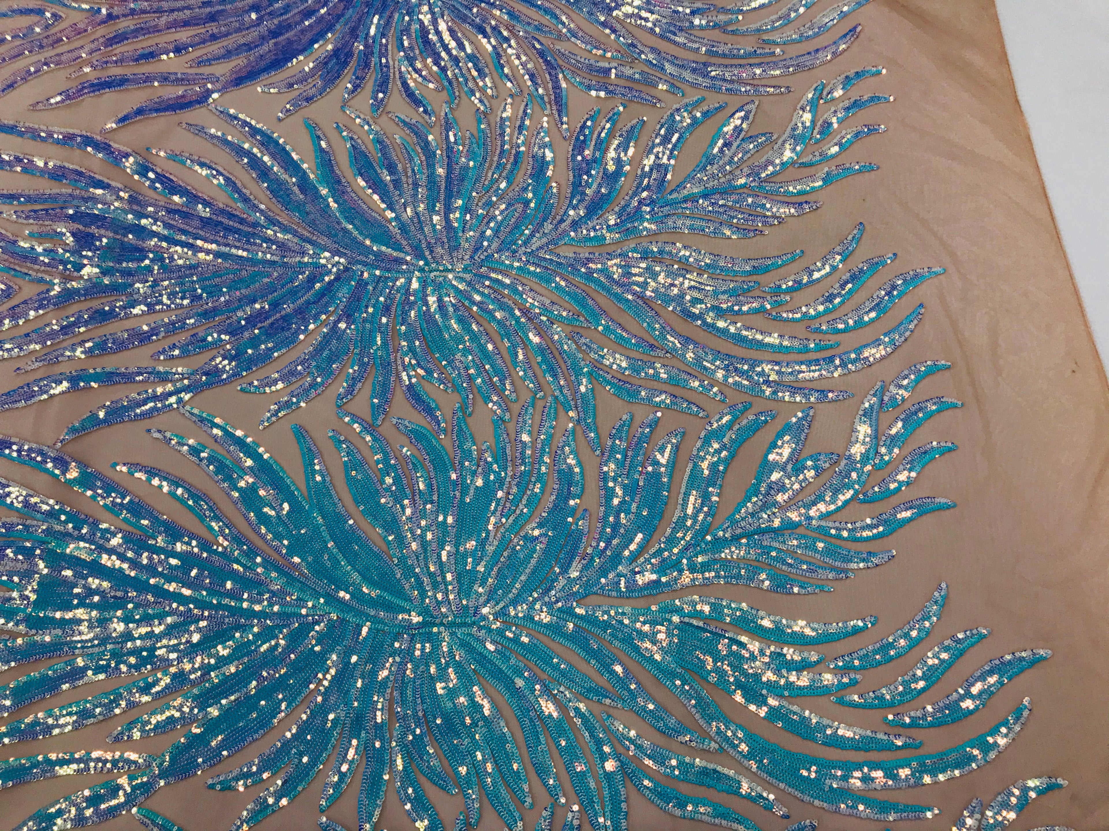 Feather Design Sequins - Aqua - 4 Way Stretch Fancy Feather Pattern Design Fabric By Yard