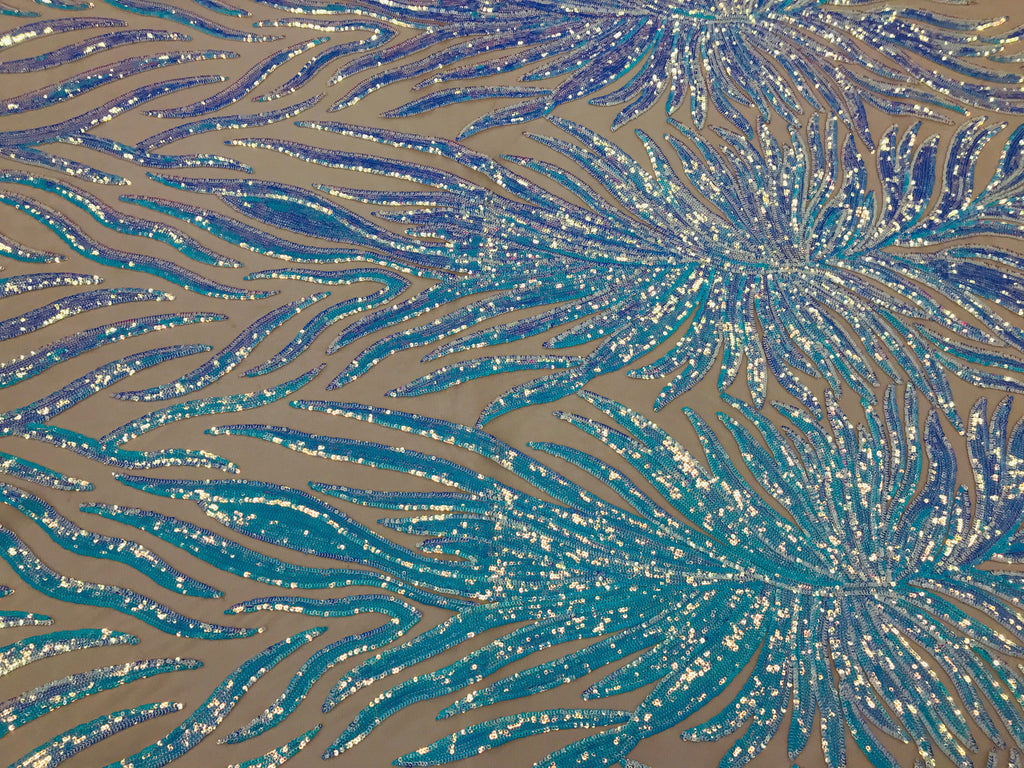 Feather Design Sequins - Aqua - 4 Way Stretch Fancy Feather Pattern Design Fabric By Yard
