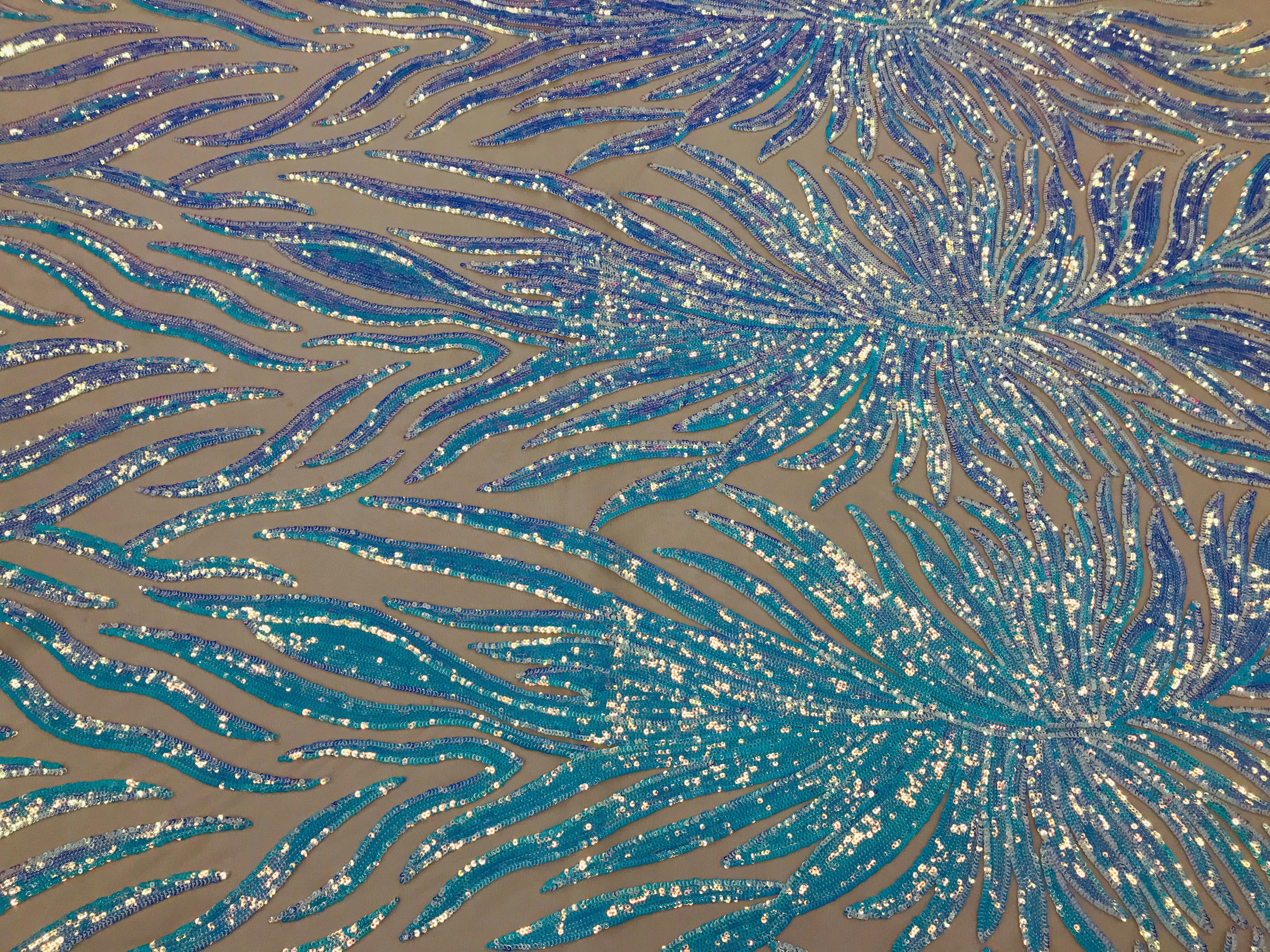 Feather Design Sequins - Aqua - 4 Way Stretch Fancy Feather Pattern Design Fabric By Yard