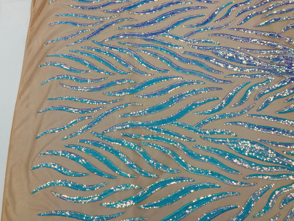 Feather Design Sequins - Aqua - 4 Way Stretch Fancy Feather Pattern Design Fabric By Yard