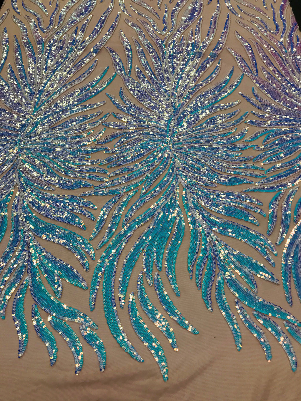 Feather Design Sequins - Aqua - 4 Way Stretch Fancy Feather Pattern Design Fabric By Yard