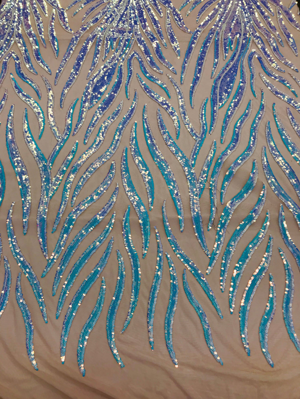 Feather Design Sequins - Aqua - 4 Way Stretch Fancy Feather Pattern Design Fabric By Yard