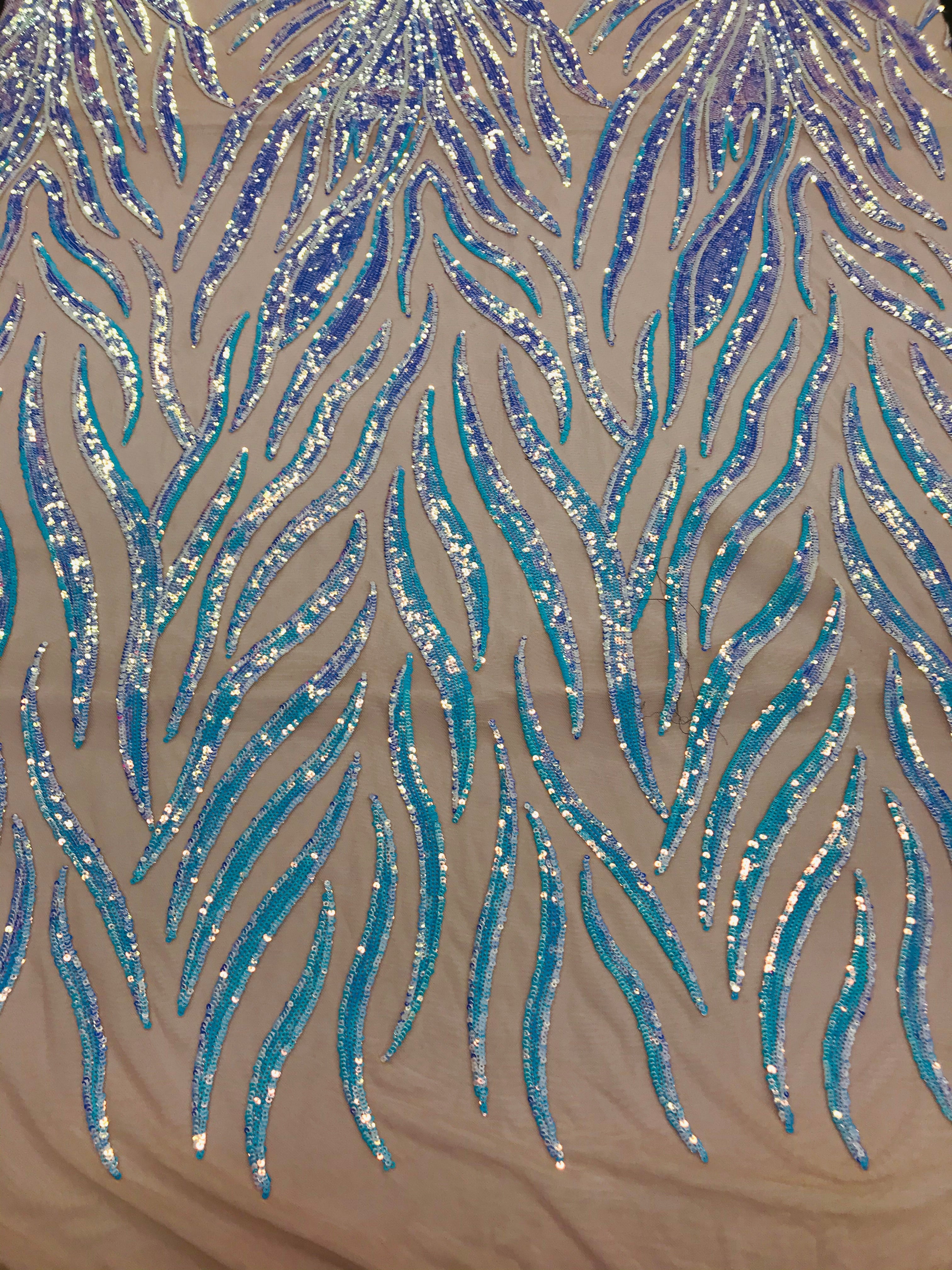 Feather Design Sequins - Aqua - 4 Way Stretch Fancy Feather Pattern Design Fabric By Yard