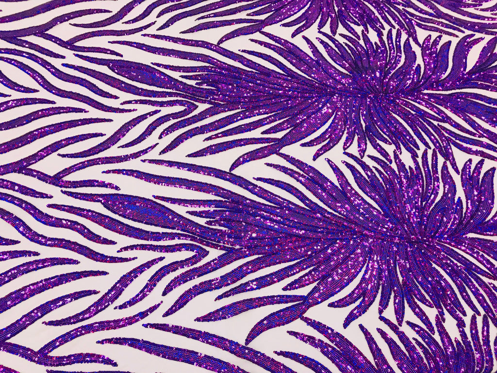 Feather Design Sequins - Purple - 4 Way Stretch Fancy Feather Pattern Design Fabric By Yard