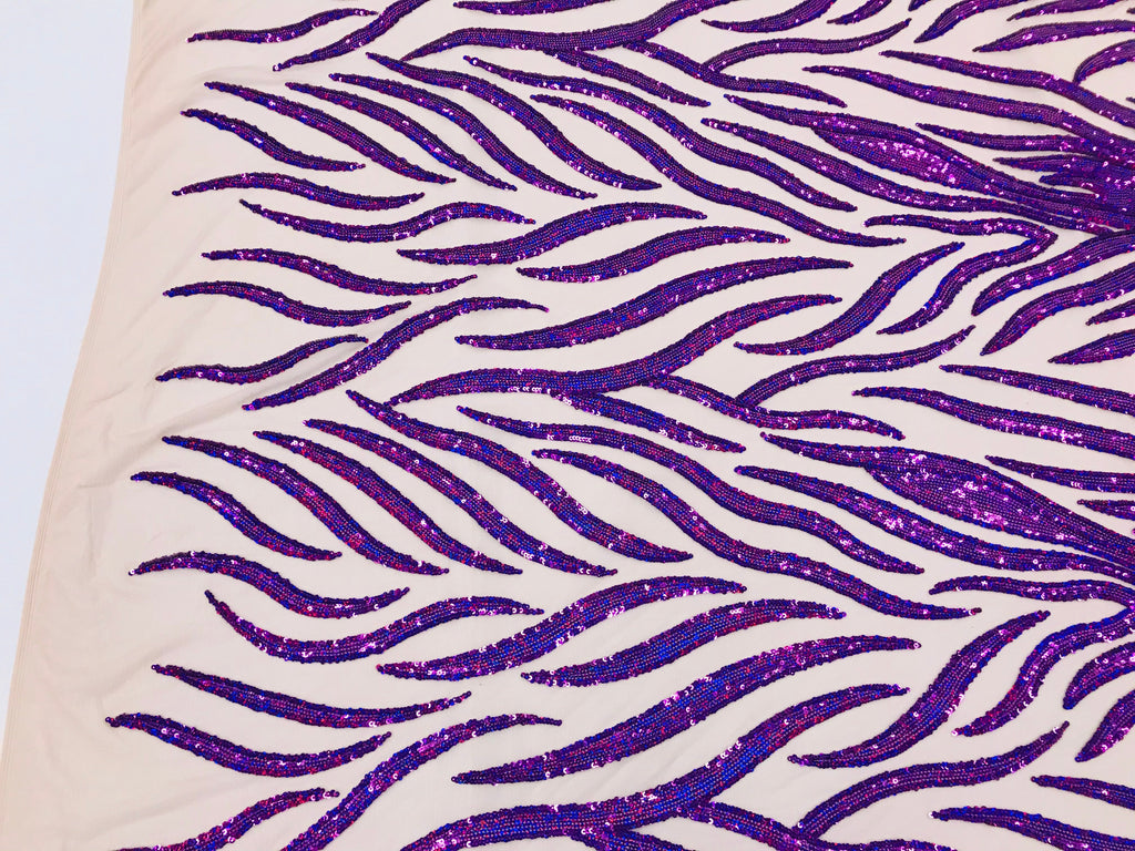 Feather Design Sequins - Purple - 4 Way Stretch Fancy Feather Pattern Design Fabric By Yard
