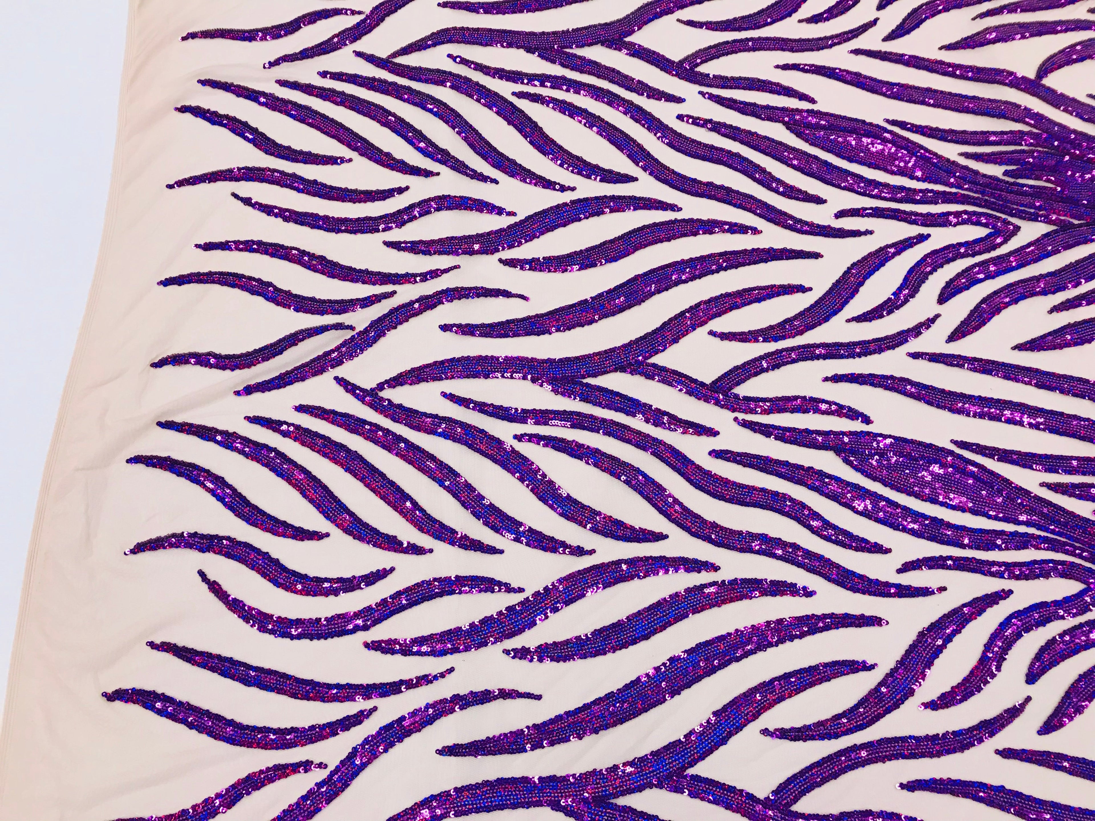 Feather Design Sequins - Purple - 4 Way Stretch Fancy Feather Pattern Design Fabric By Yard