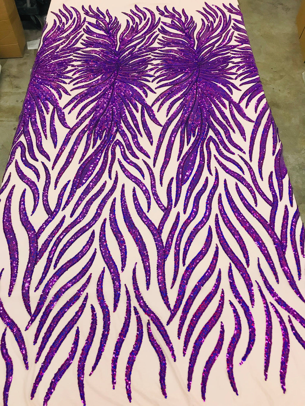 Feather Design Sequins - Purple - 4 Way Stretch Fancy Feather Pattern Design Fabric By Yard