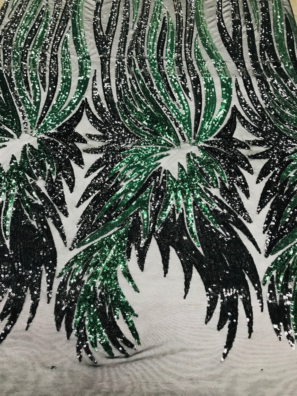 Phoenix Wing Sequins - Black / Hunter Green - 4 Way Stretch Wings Pattern Design Fabric By Yard