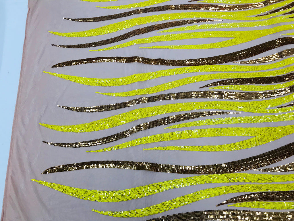 Phoenix Wing Sequins - Yellow / Gold - 4 Way Stretch Wings Pattern Design Fabric By Yard