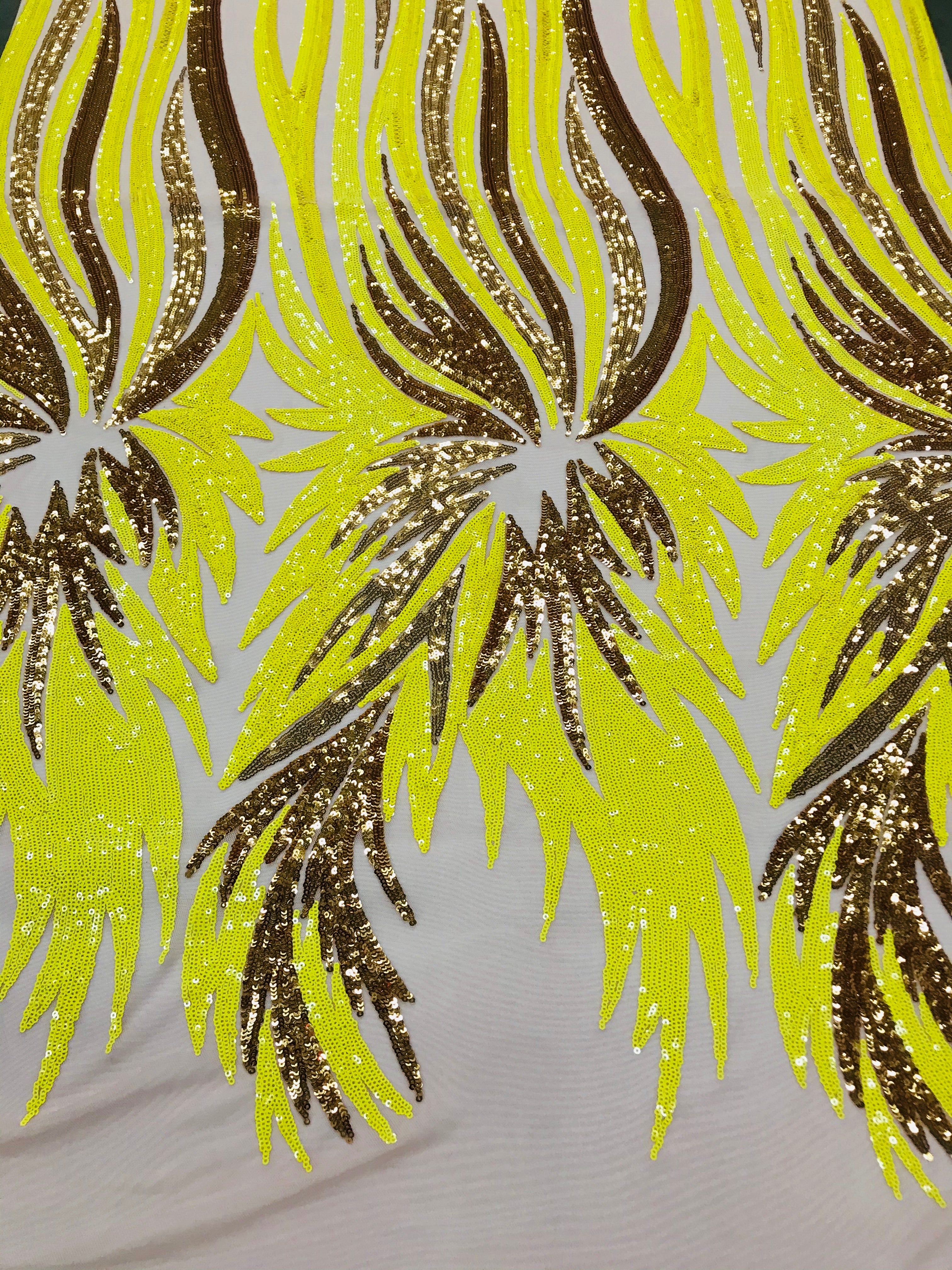 Phoenix Wing Sequins - Yellow / Gold - 4 Way Stretch Wings Pattern Design Fabric By Yard