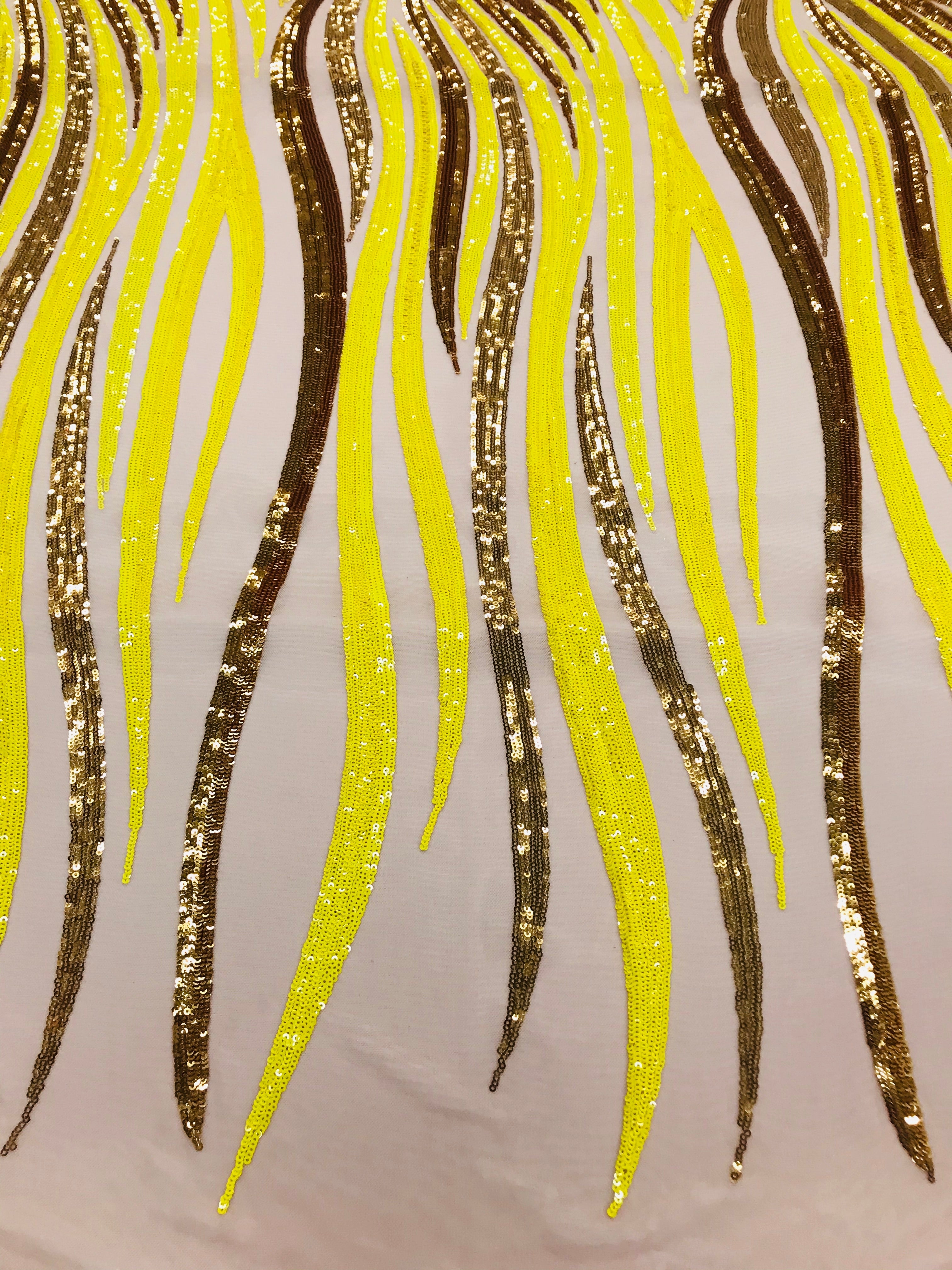 Phoenix Wing Sequins - Yellow / Gold - 4 Way Stretch Wings Pattern Design Fabric By Yard