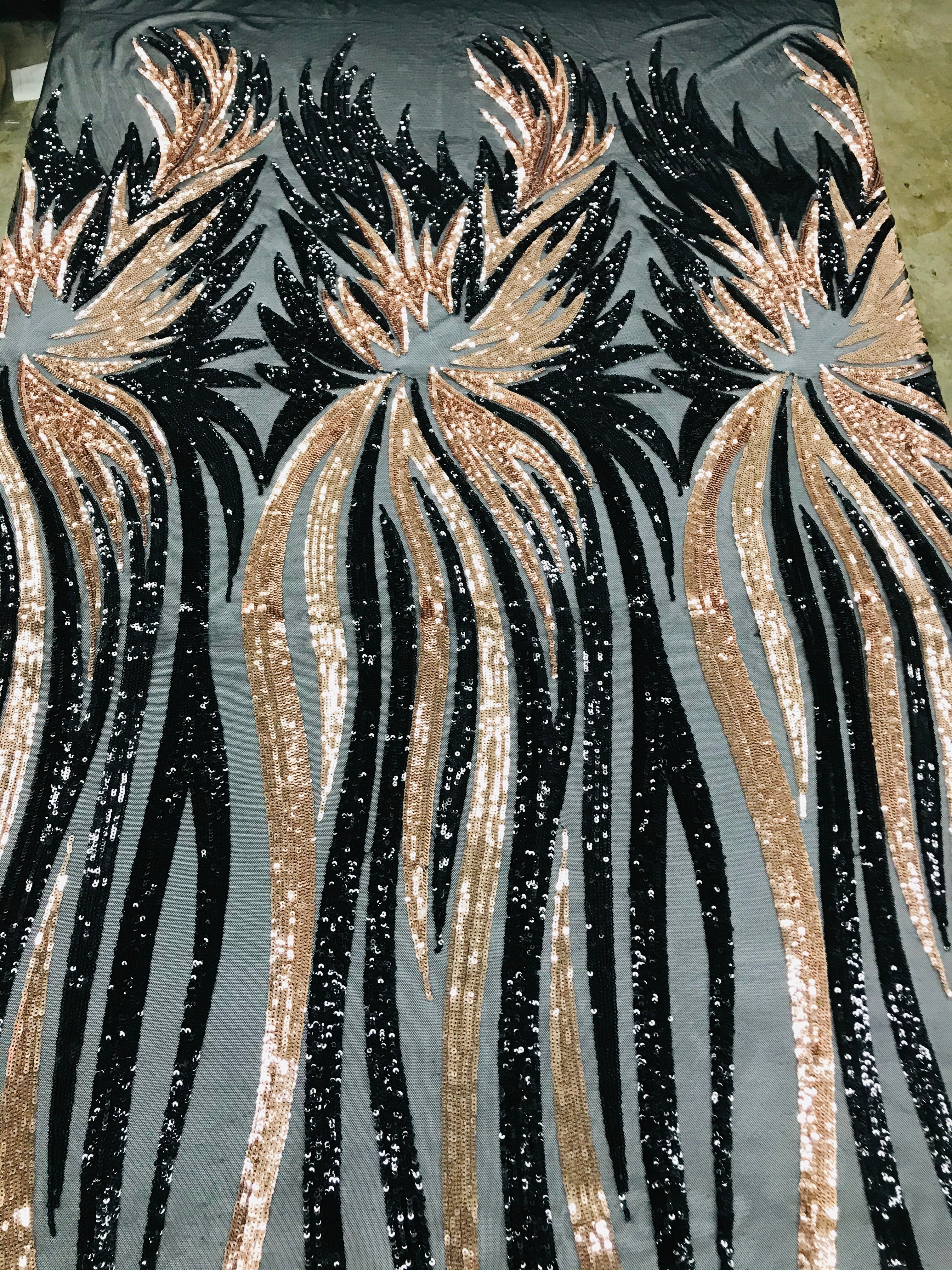 Phoenix Wing Sequins - Rose Gold / Black - 4 Way Stretch Wings Pattern Design Fabric By Yard