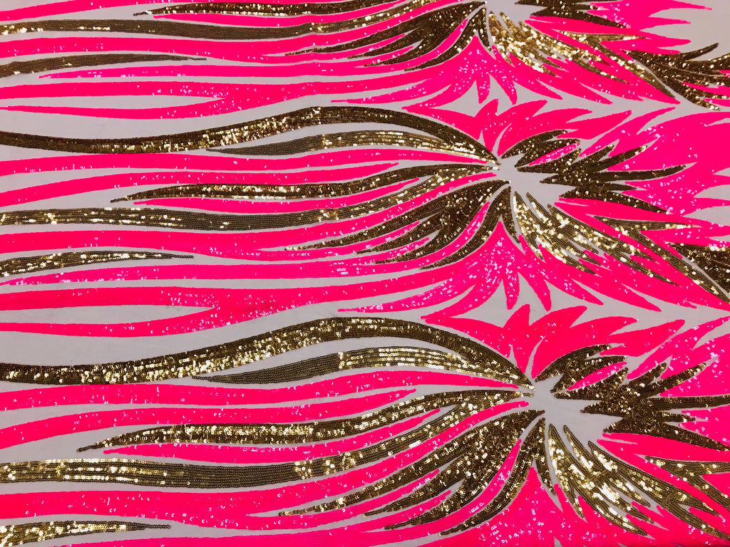 Phoenix Wing Sequins - Neon Pink  / Gold  - 4 Way Stretch Wings Pattern Design Fabric By Yard