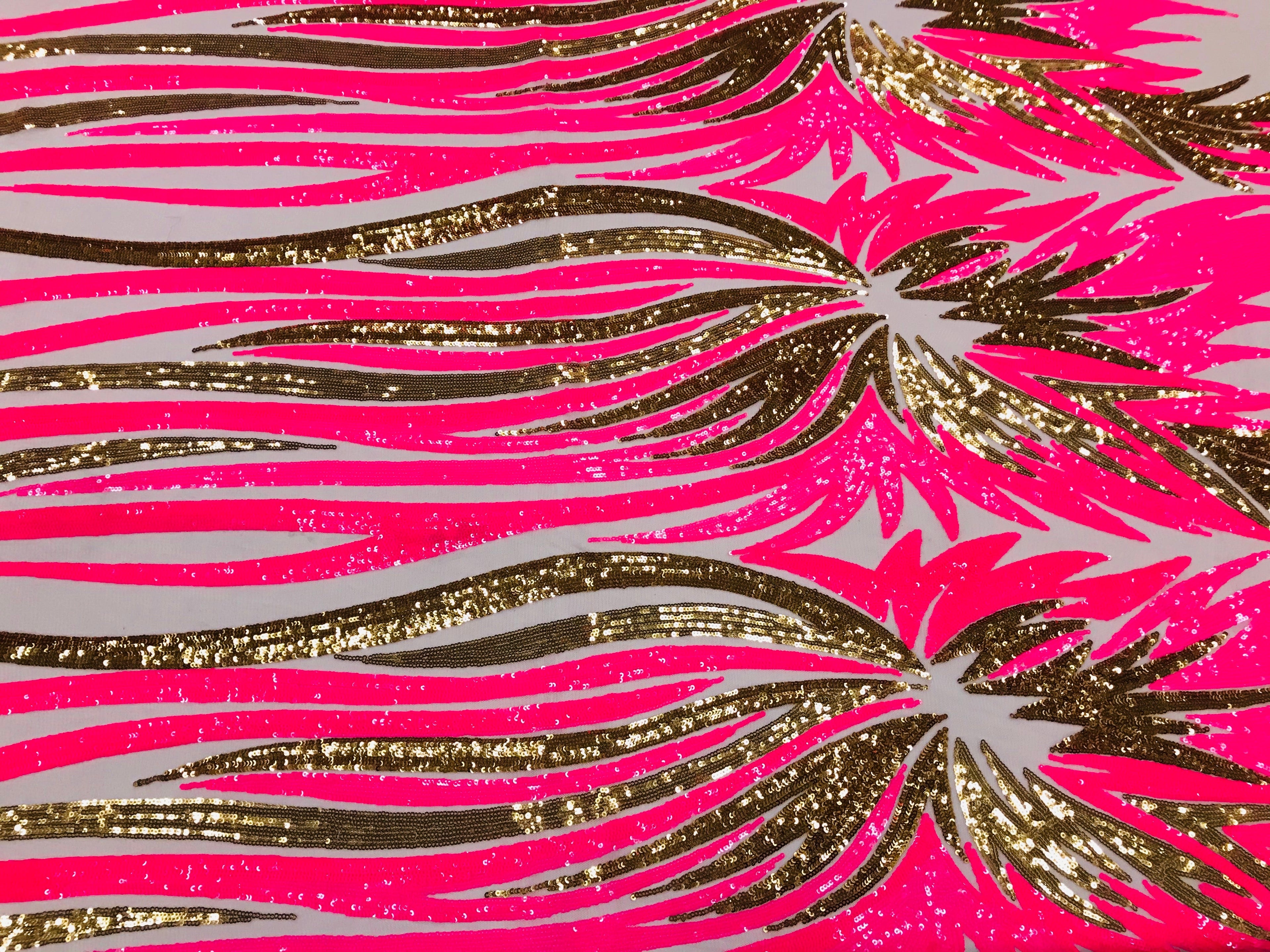 Phoenix Wing Sequins - Neon Pink  / Gold  - 4 Way Stretch Wings Pattern Design Fabric By Yard
