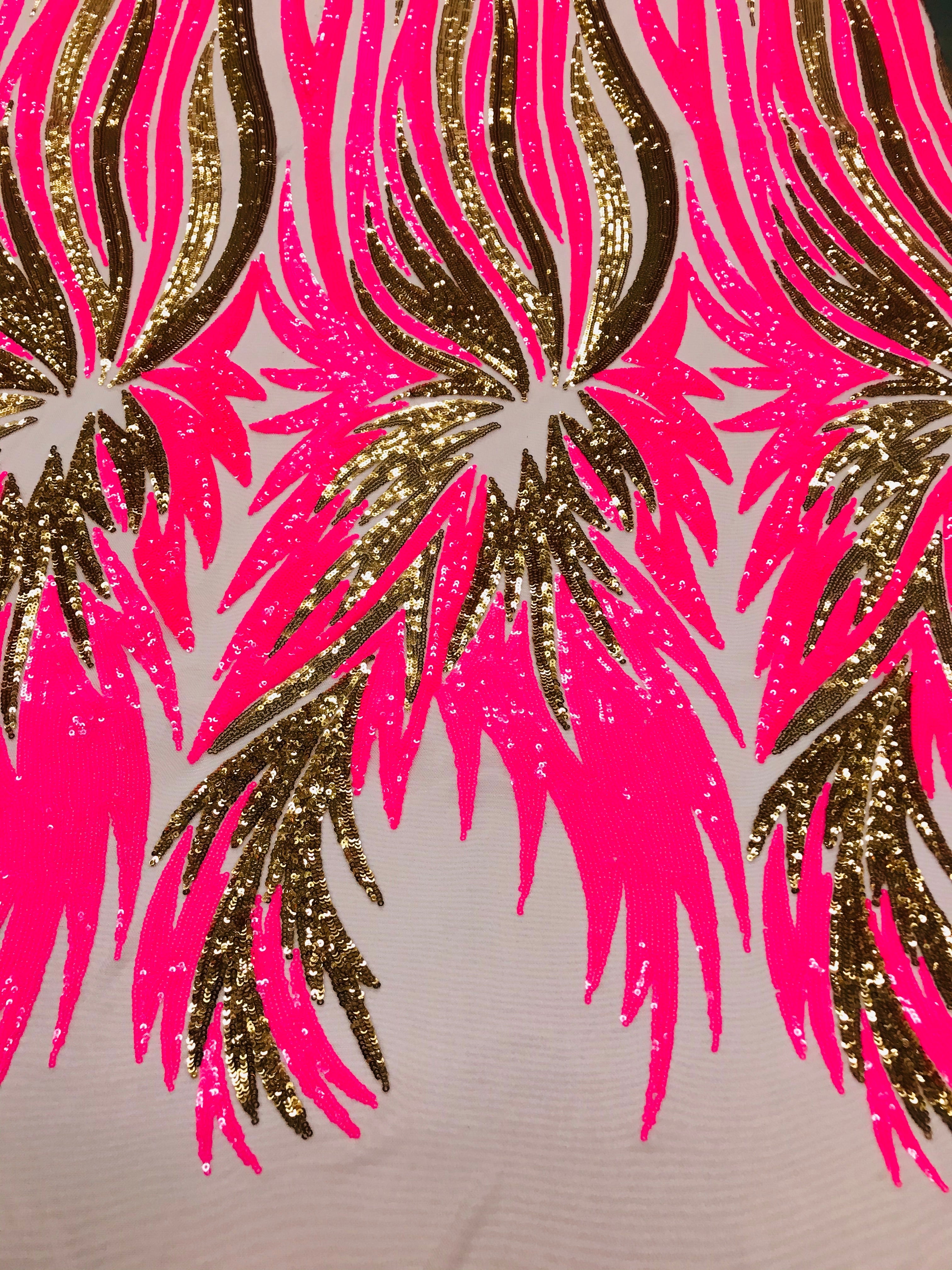 Phoenix Wing Sequins - Neon Pink  / Gold  - 4 Way Stretch Wings Pattern Design Fabric By Yard