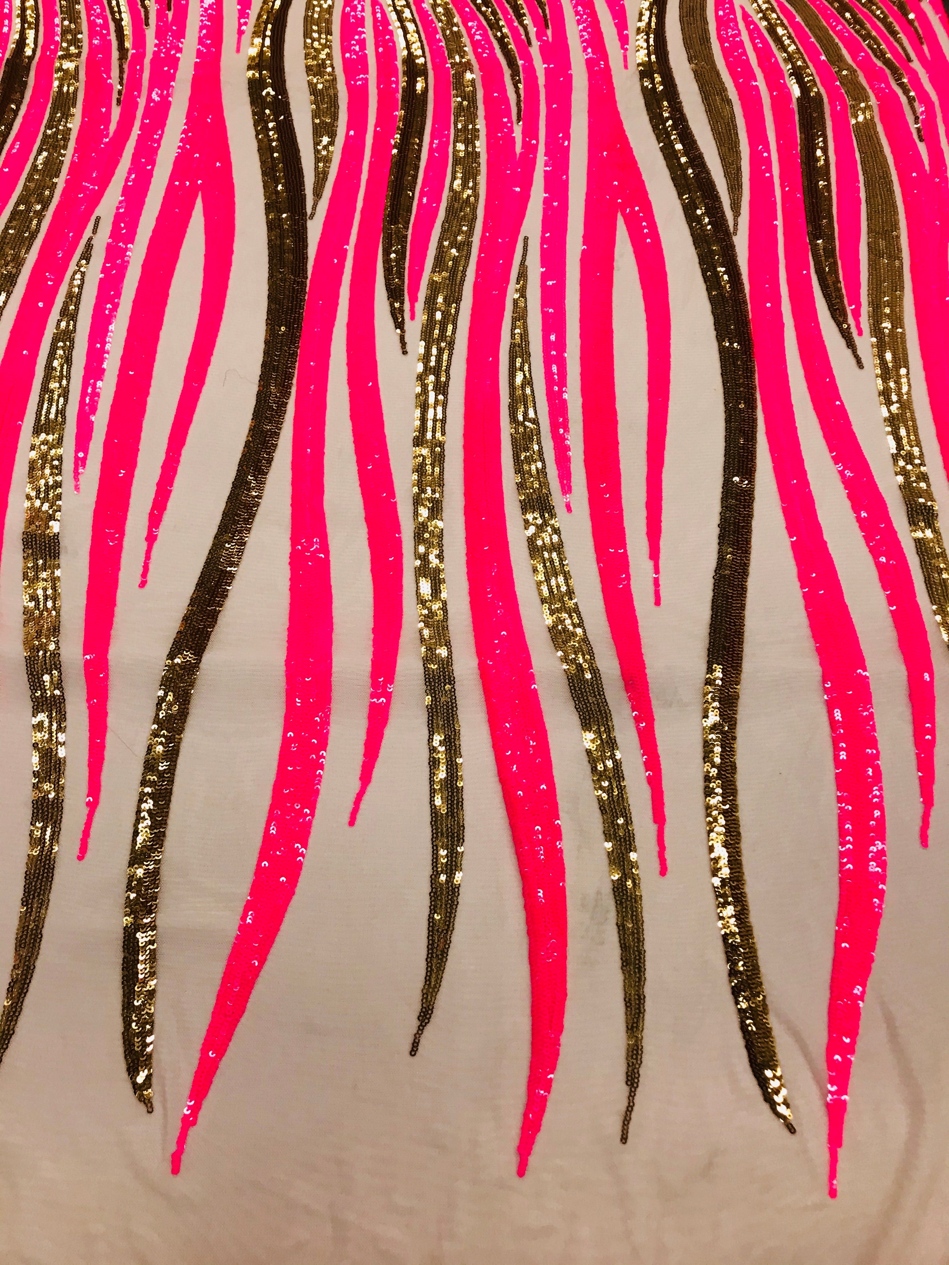 Phoenix Wing Sequins - Neon Pink  / Gold  - 4 Way Stretch Wings Pattern Design Fabric By Yard