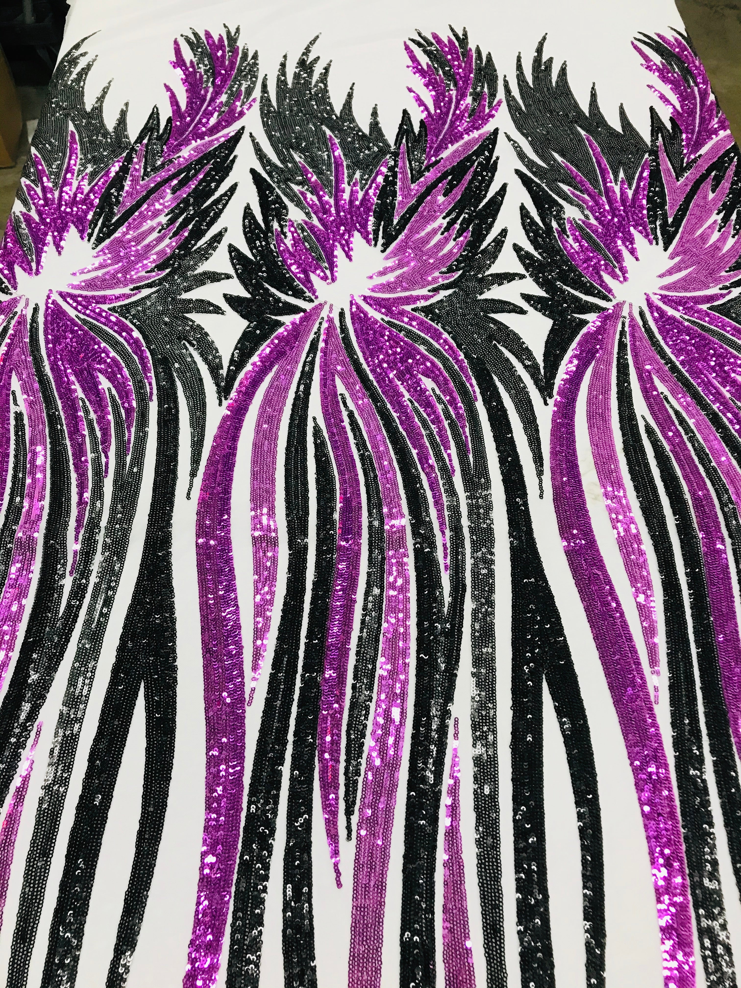 Phoenix Wing Sequins - Purple / Black - 4 Way Stretch Wings Pattern Design Fabric By Yard