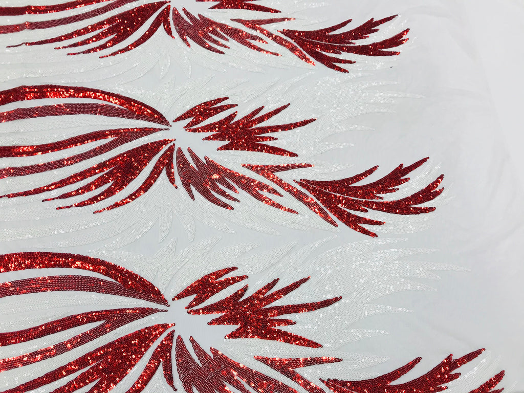 Phoenix Wing Sequins - White / Red - 4 Way Stretch Wings Pattern Design Fabric By Yard
