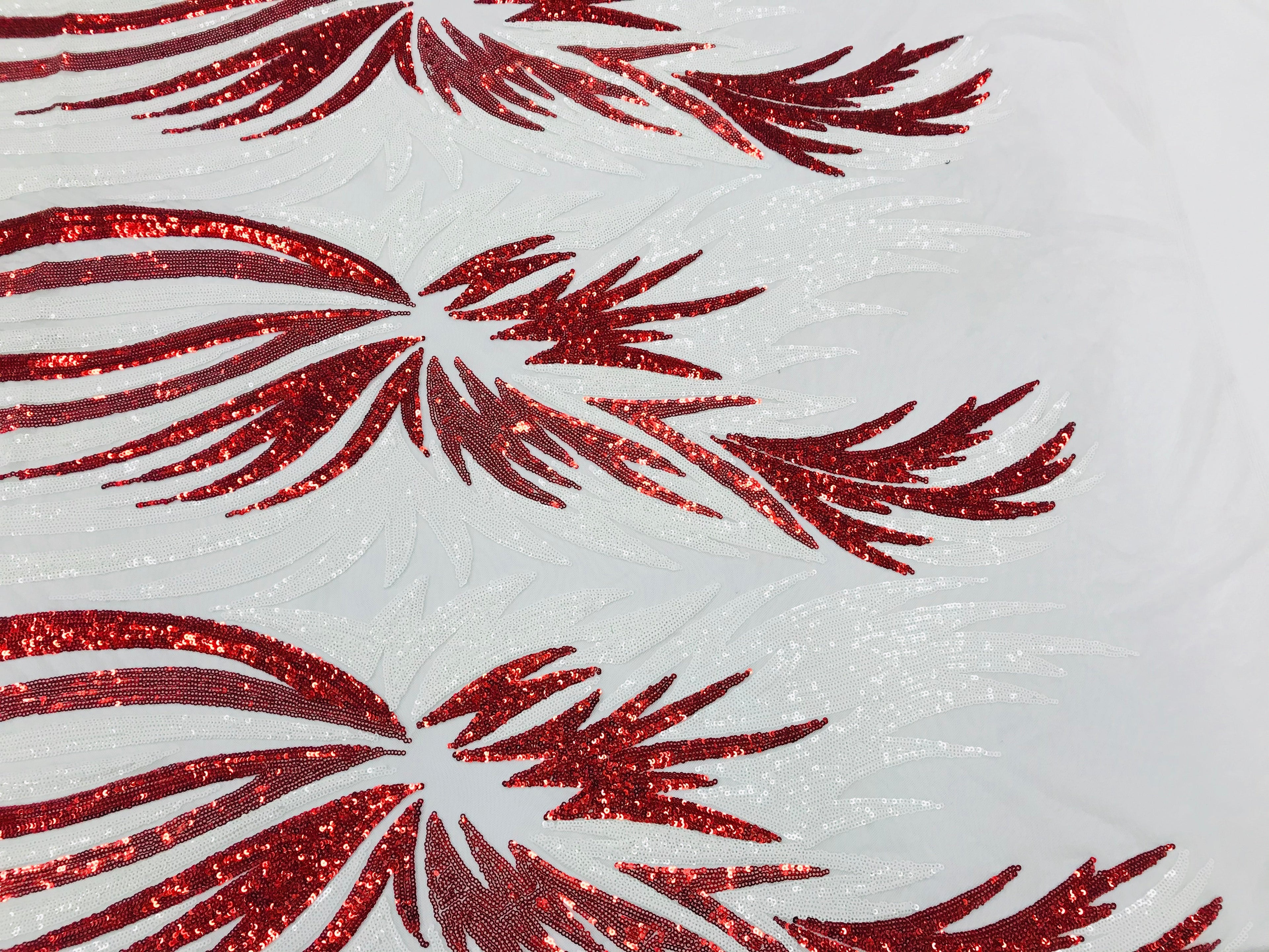 Phoenix Wing Sequins - White / Red - 4 Way Stretch Wings Pattern Design Fabric By Yard