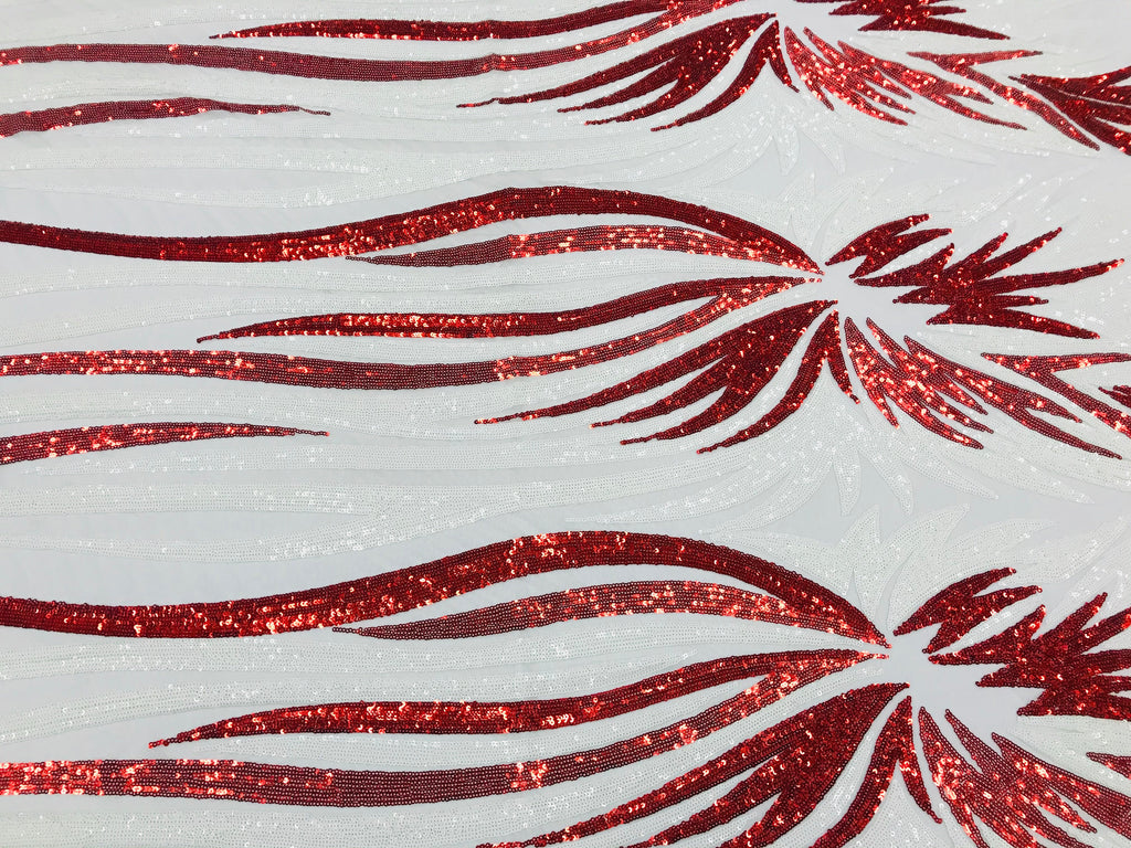 Phoenix Wing Sequins - White / Red - 4 Way Stretch Wings Pattern Design Fabric By Yard
