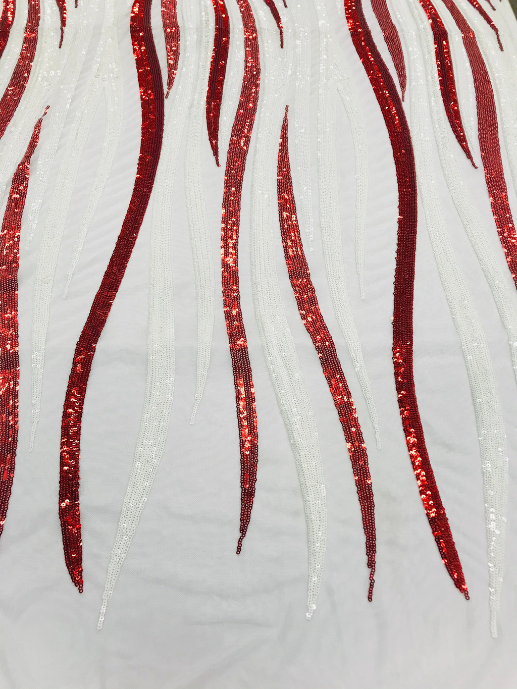 Phoenix Wing Sequins - White / Red - 4 Way Stretch Wings Pattern Design Fabric By Yard